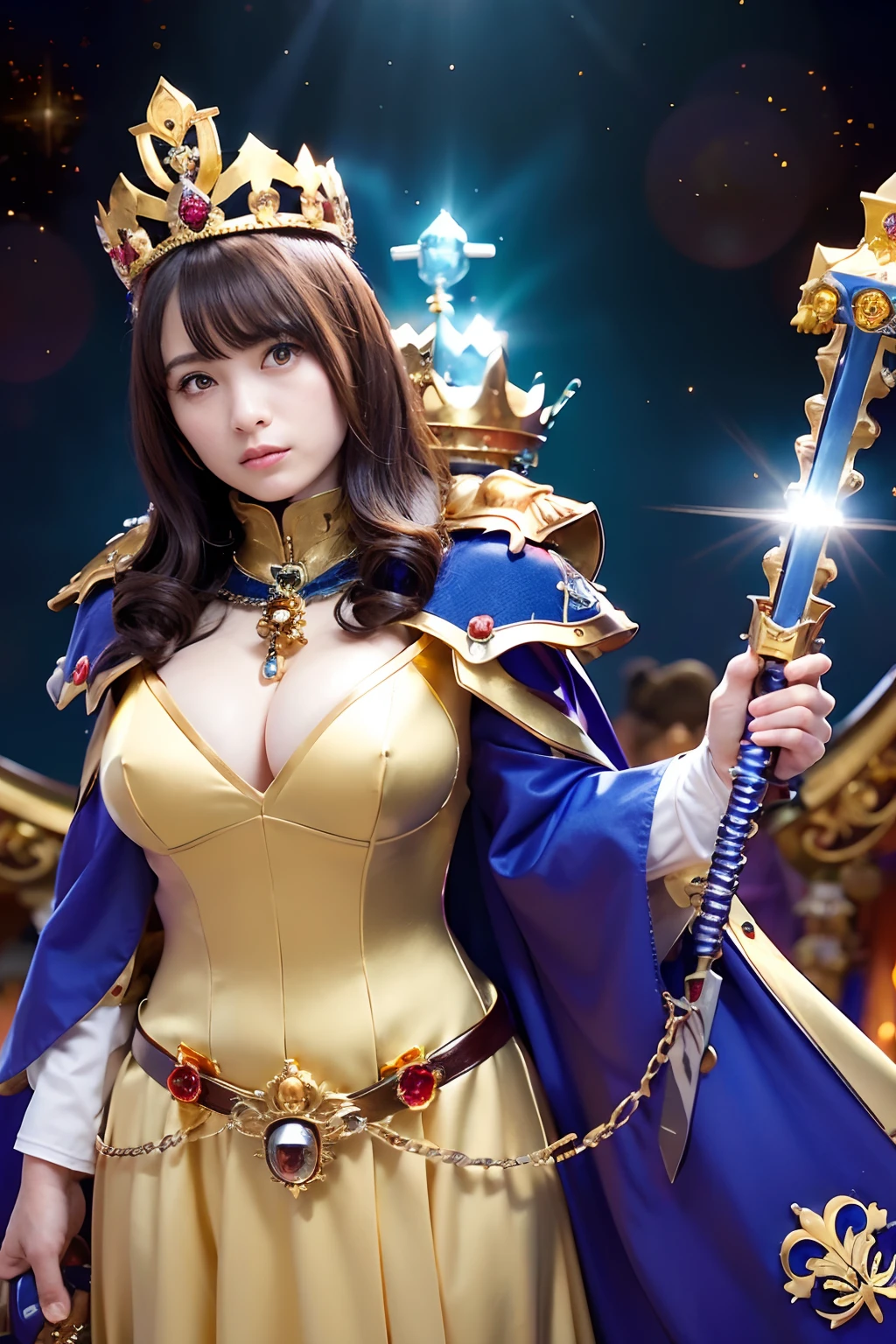 (masutepiece), Professional , masterpiece、top-quality、photos realistic , depth of fields ,(Wind element),close-up,dream magical,tornado,Lightning,(Gemstone Gold Jewel Body:1.6),(Matte Blue、Jewel Gold Weapon_、(Metal:1.4),Gorgeous Jewel Metal Weapons ,(( Detailed Sword of the Brave)) , Black castle background ,warhammer 40k , adepta sororitas,Detail and ornate jewel crown、Brown hair、((Gangle's forest background))、Beautiful Caucasian beauty、1a person、dynamic ungle,(((Detailed and ornate diamond crown)))、Particles of light、cleavage of the breast、Battle Pose、