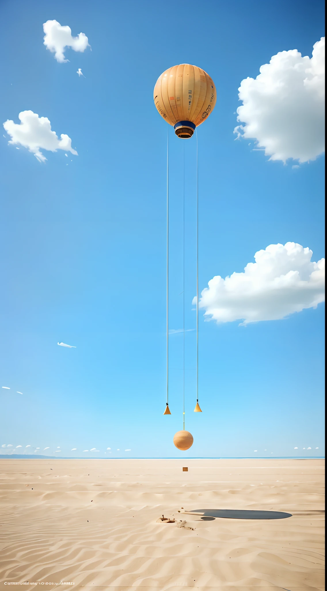Many different instruments float in the air,In the daytime,sunny clear sky,There is no cloud,flat land,Sand ground