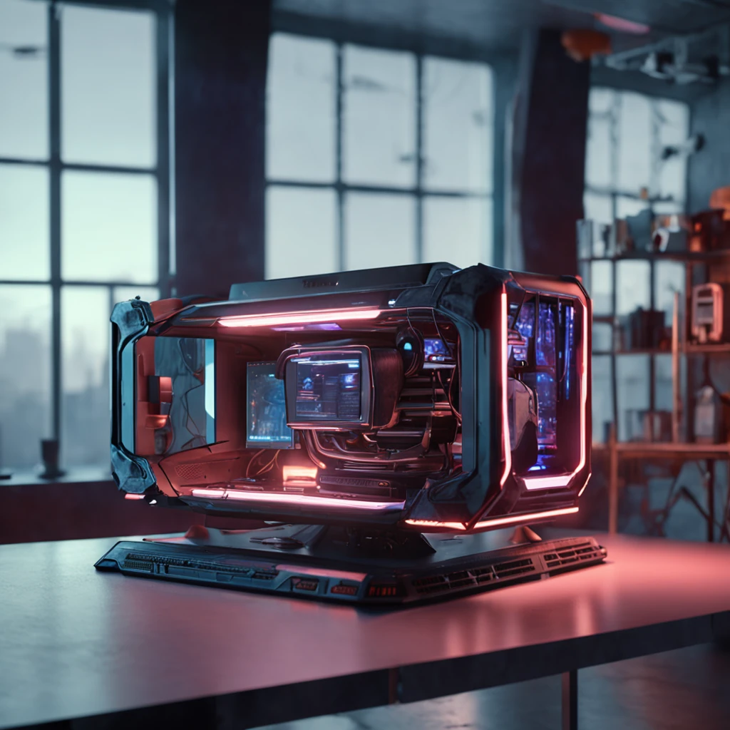 There is a computer on the desk, science fiction platform, video game 3 D rendering, 3D rendering stylization, luminous science fiction engine, Cyberpunk machine, science fiction machine, industrial science fiction, 8k octane 3D rendering.