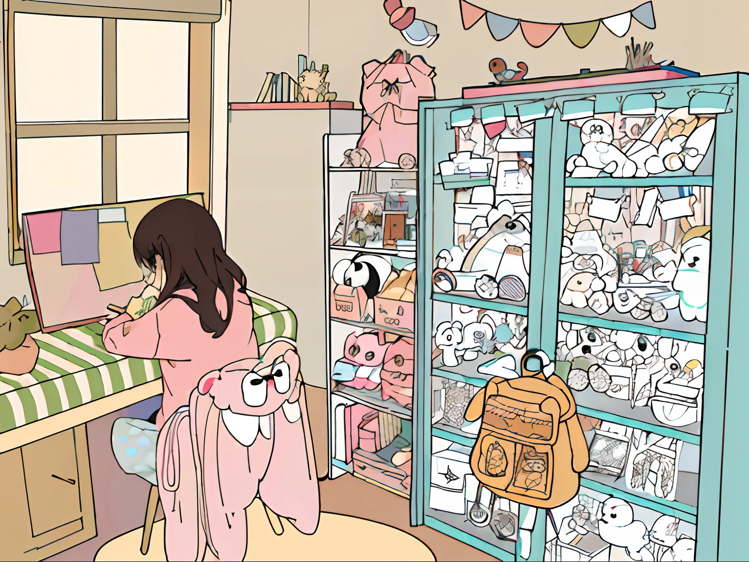 There was a girl looking at the drawing board，On the right are two bookcases full of stuffed animals, Crowded room, in her room, sitting in her room, Messy room, my home, Soft anime illustration, clean coloring book page, On the chair she sat on hung a sweatshirt, cute detailed artwork, cute illustration, cute room, Girl's room, color spread