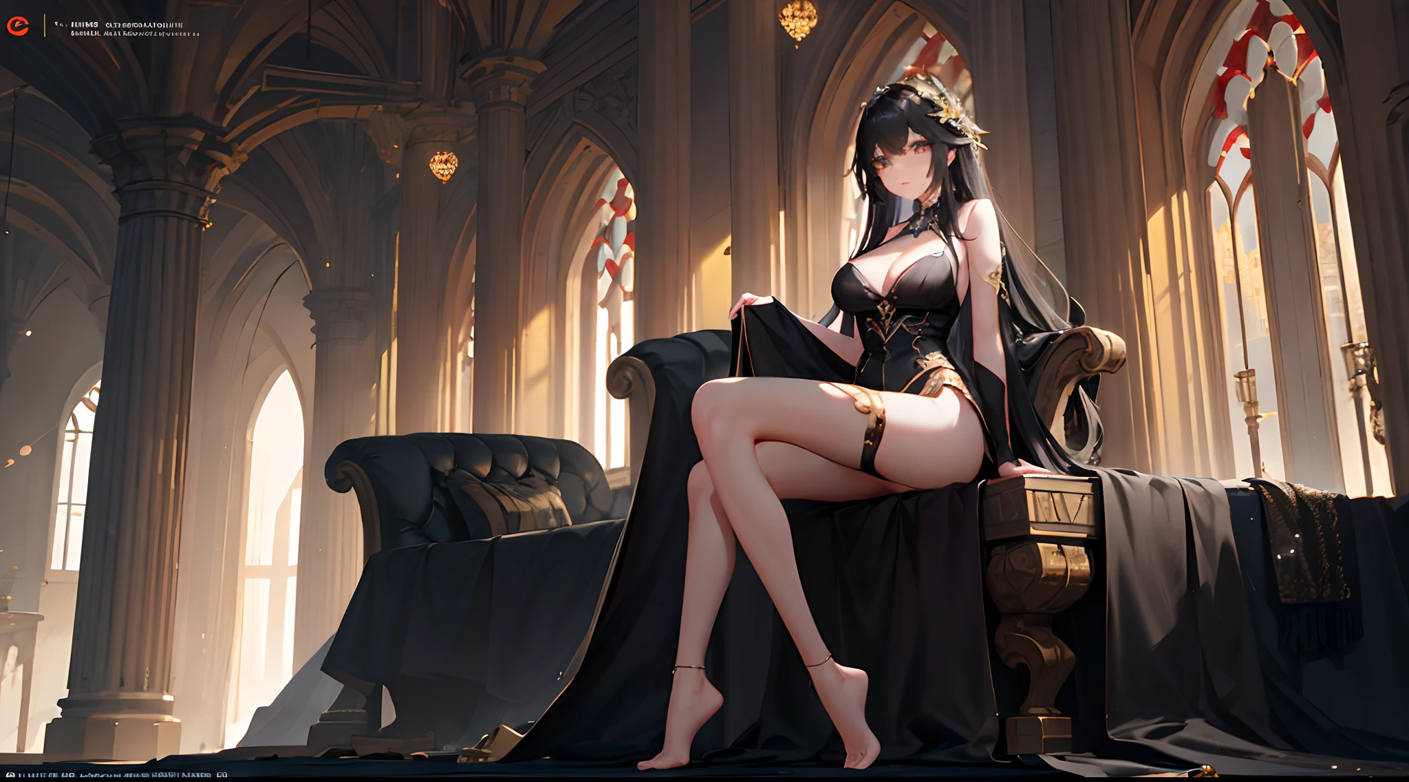 Long black hair, green pupils, beautiful breasts, big breasts，The eyes are large and deep，Beautiful body，Full body photo，Sexy uniform seduction，The legs are slender，Movie lighting，Tall and tall，The action is tempting，Slim hands，