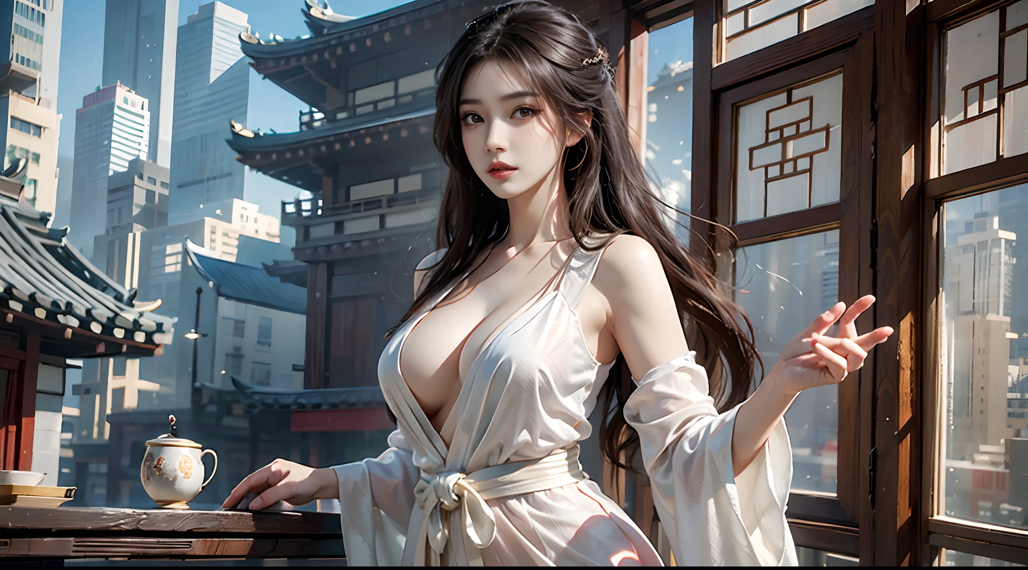 Photorealistic, high resolution, Soft light,1womanl, Solo, Hips up, view the viewer, (Detailed face), Long hair, Beautiful girl, Hanfu, east asian architecture,sword sheath,architecture, tattoo, Translucent slip dress，Oversized breasts，Expose cleavage