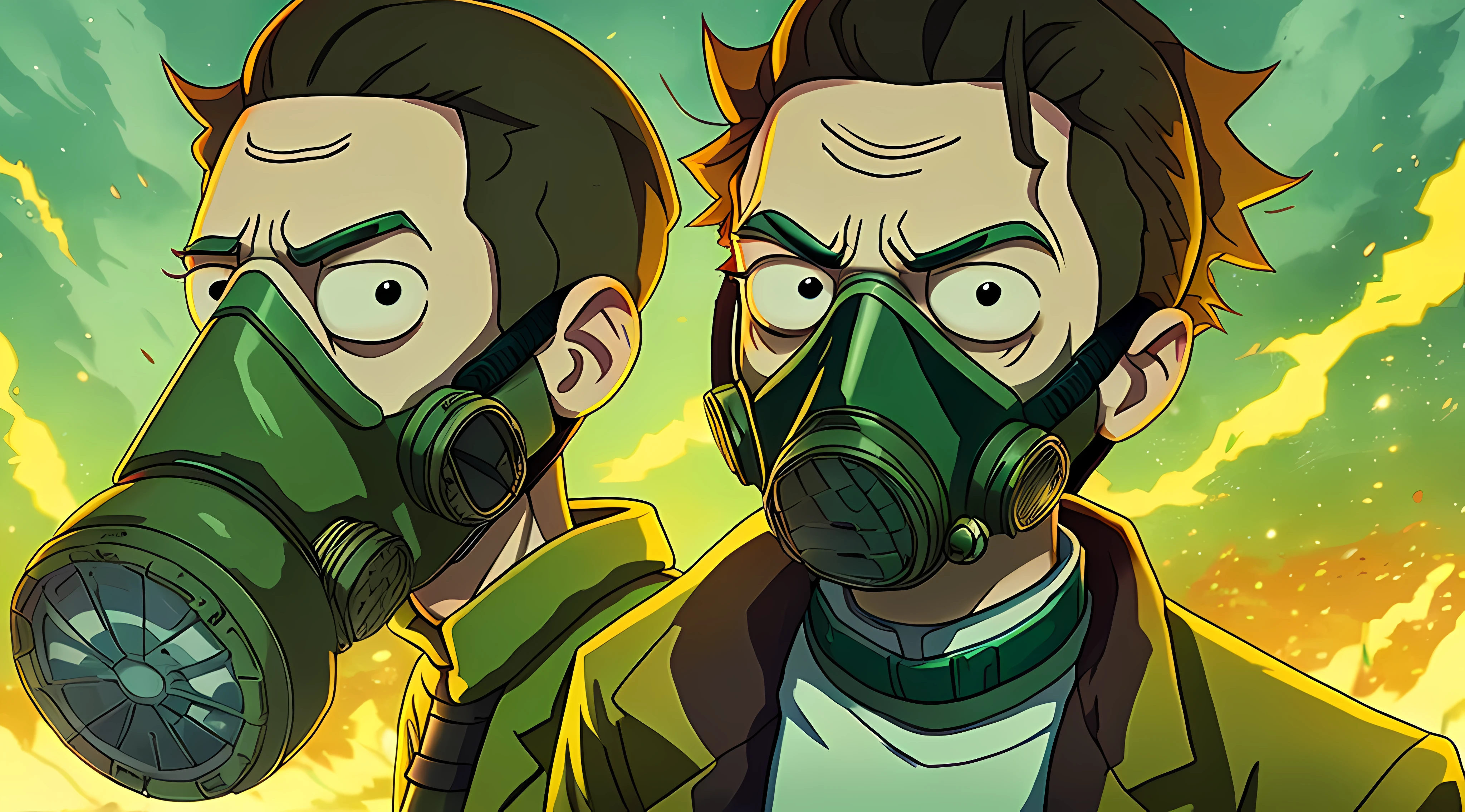 Rick Rick Rick, ein Bild von Shingei, tumblr, Konzeptkunst, Von Rick und Morty, Rick und Morty, Stil von Rick & Morty, Rick und Morty Stil, Im Rick and Morty Kunststil, Portrait of Rick and Morty, Rick und Morty ,((gas mask soldier))