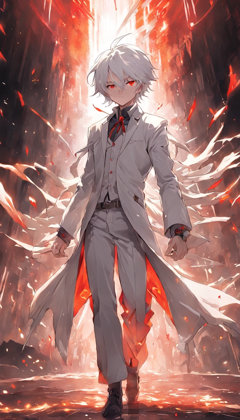 (masterpiece) In the medieval fantasy world, a dynamic and epic scene unfolds as a boy with artfully combed white hair and red eyes walks confidently through a dark dungeon. His costume consists of a white suit that accentuates his powerful presence. In his hands, fire magic, ready to face any enemy