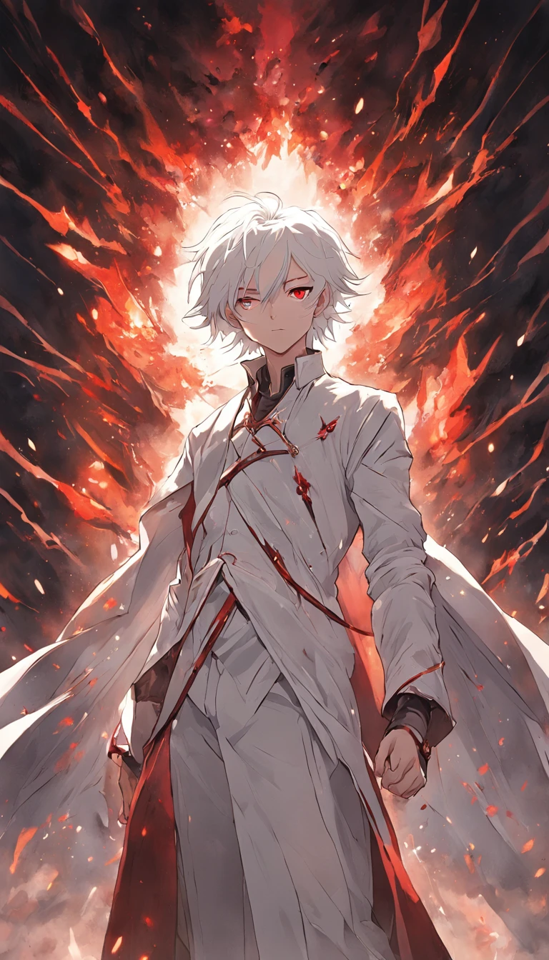 (masterpiece) In the medieval fantasy world, a dynamic and epic scene unfolds as a boy with artfully combed white hair and red eyes walks confidently through a dark dungeon. His costume consists of a white suit that accentuates his powerful presence. In his hands, fire magic, ready to face any enemy