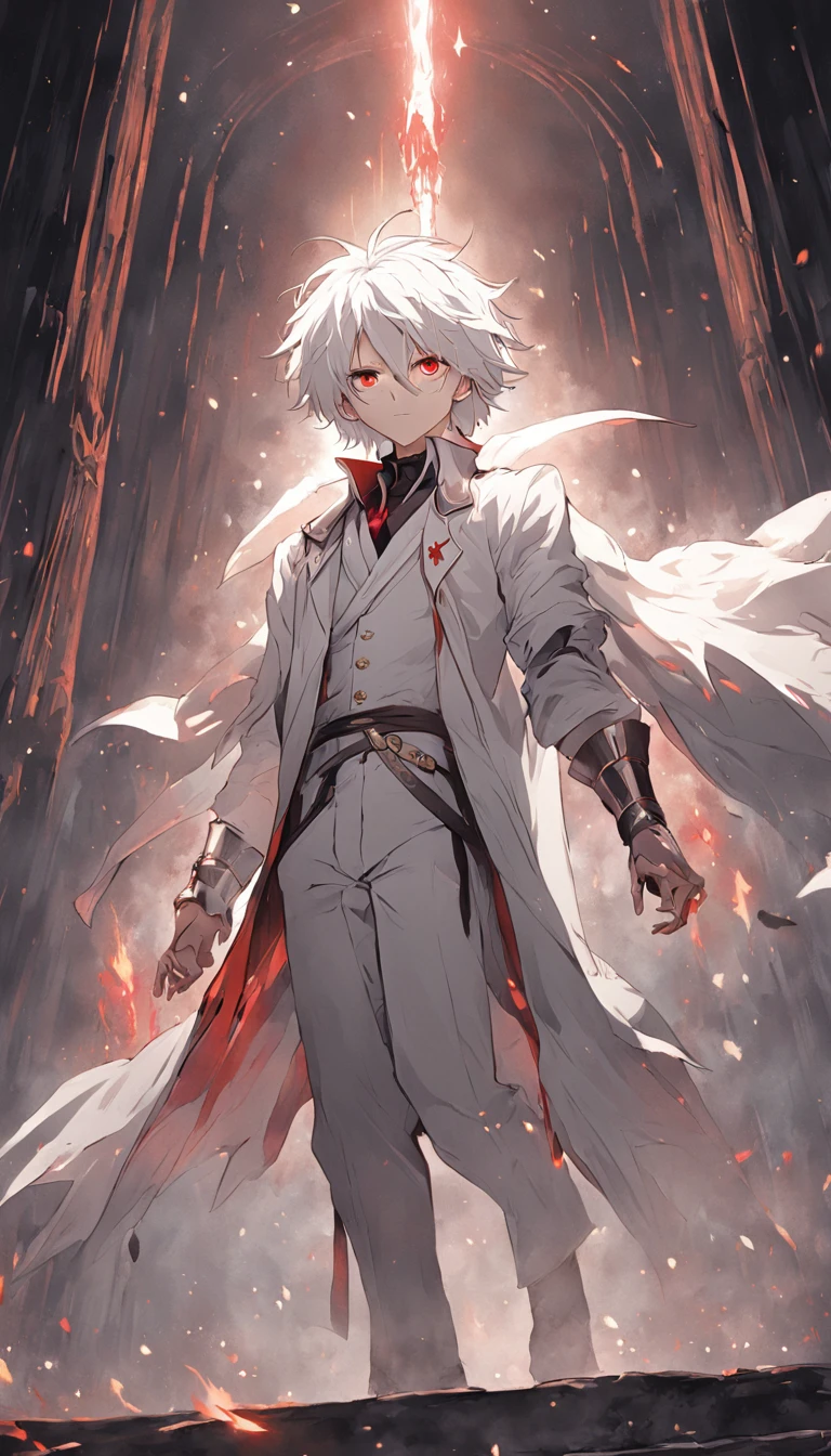 (masterpiece) In the medieval fantasy world, a dynamic and epic scene unfolds as a boy with artfully combed white hair and red eyes walks confidently through a dark dungeon. His costume consists of a white suit that accentuates his powerful presence. In his hands, fire magic, ready to face any enemy