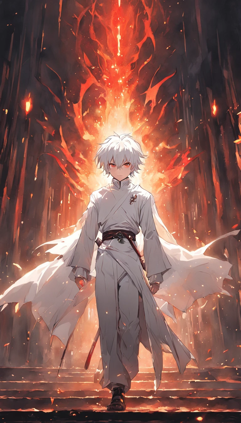 (masterpiece) In the medieval fantasy world, a dynamic and epic scene unfolds as a boy with artfully combed white hair and red eyes walks confidently through a dark dungeon. His costume consists of a white suit that accentuates his powerful presence. In his hands, fire magic, ready to face any enemy