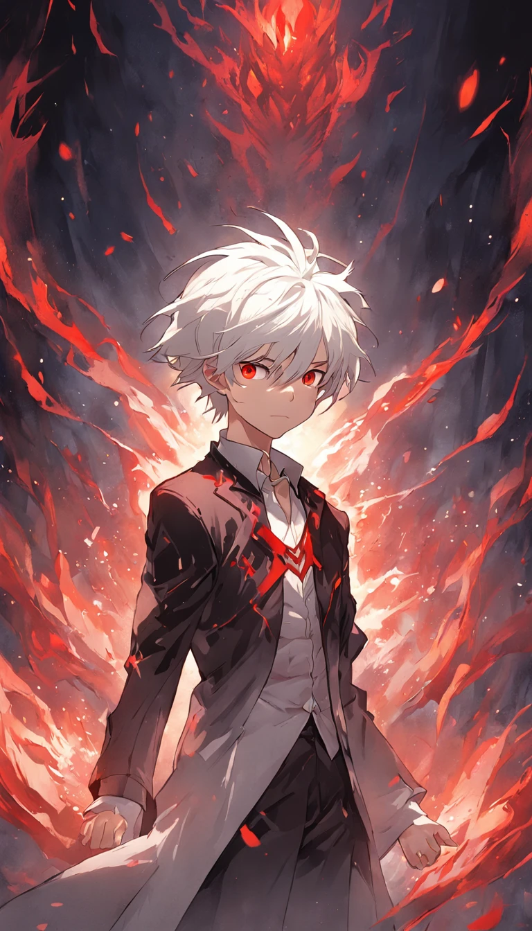 (masterpiece) In the medieval fantasy world, a dynamic and epic scene unfolds as a boy with artfully combed white hair and red eyes walks confidently through a dark dungeon. His costume consists of a white suit that accentuates his powerful presence. In his hands, fire magic, ready to face any enemy