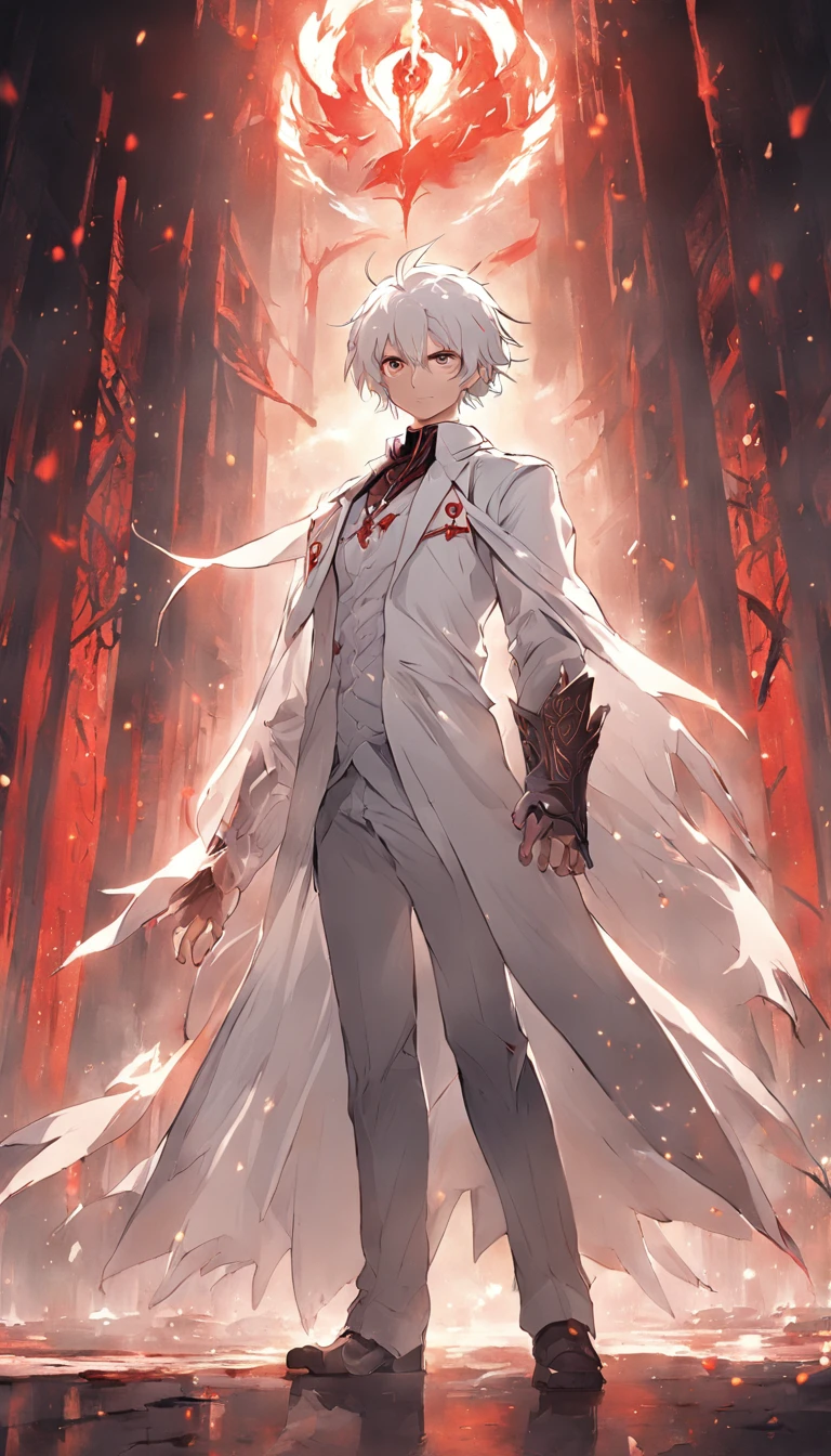 (masterpiece) In the medieval fantasy world, a dynamic and epic scene unfolds as a boy with artfully combed white hair and red eyes walks confidently through a dark dungeon. His costume consists of a white suit that accentuates his powerful presence. In his hands, fire magic, ready to face any enemy