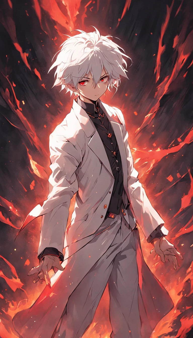 (masterpiece) In the medieval fantasy world, a dynamic and epic scene unfolds as a boy with artfully combed white hair and red eyes walks confidently through a dark dungeon. His costume consists of a white suit that accentuates his powerful presence. In his hands, fire magic, ready to face any enemy