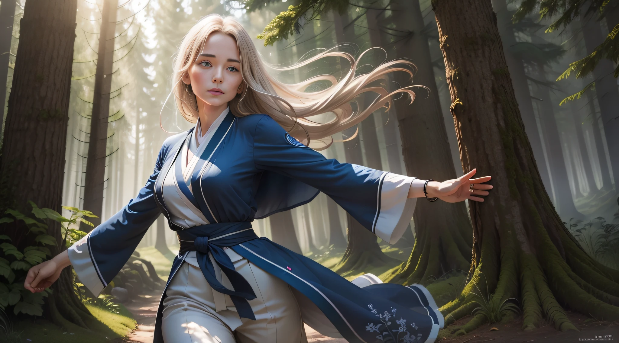 une femme faisant des exercice d'art martiaux et spirituel, an Energy emerges from it, His face is very detailed, elle est dehors, we see grass, une foret, un ciel bleu. elle est en kimono, elle fais des exercice de combat art martial, la femme est debout
