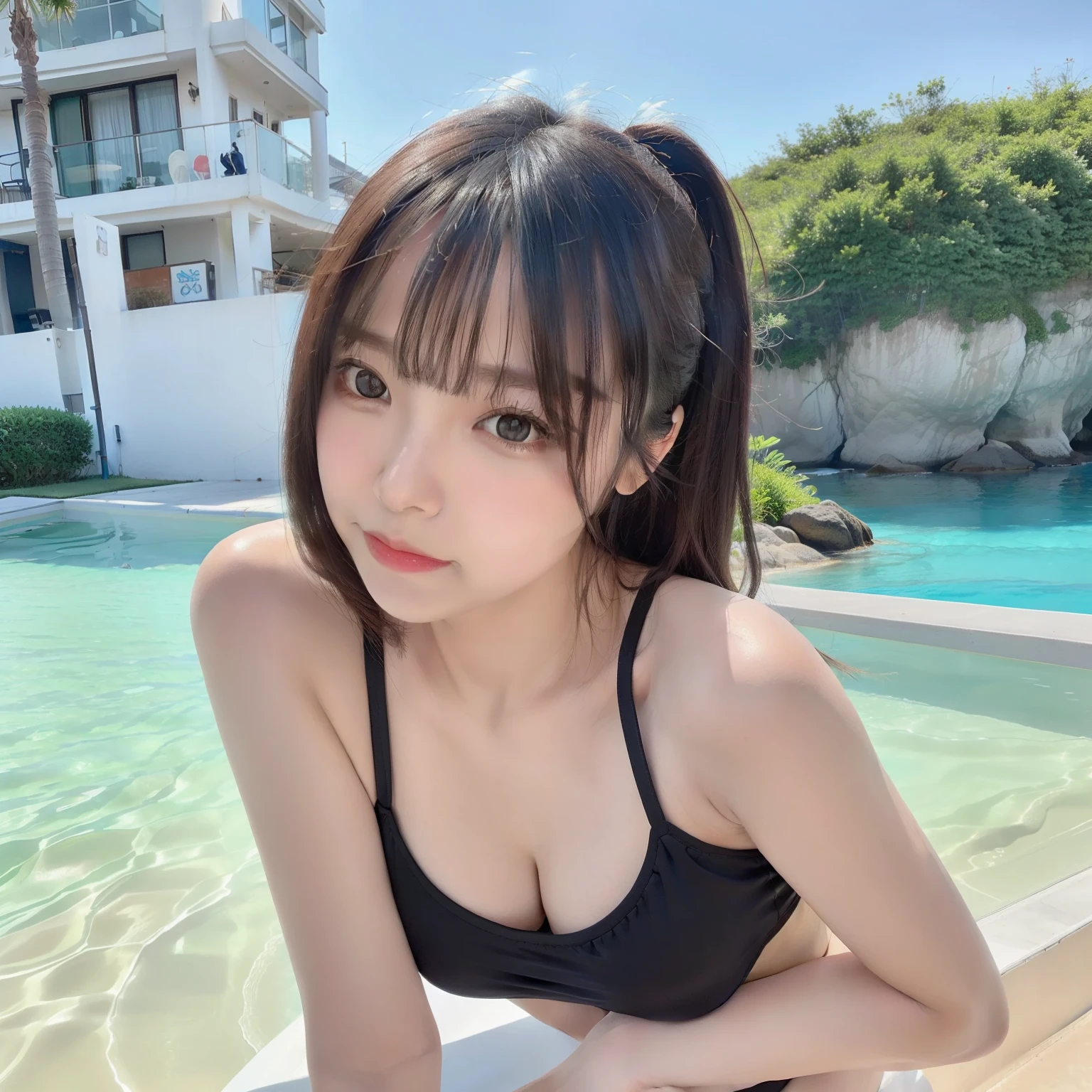 ((top-quality、8K、masterpiece:1.3))、foco nítido:1.2、Enter the pool in a swimsuit、Beautiful Women in Perfect Style:1.4、Perfect black eyes、Perfect iris、Perfect lips、perfect teeth、flawless skin、no moles、Water droplets on the face、Slender Abs:1.2、((Black hair、Colossal tits:1.2、nipples are slightly visible))、(natural soft light)、Highly detailed facial and skin texture、A detailed eye、二重まぶた、