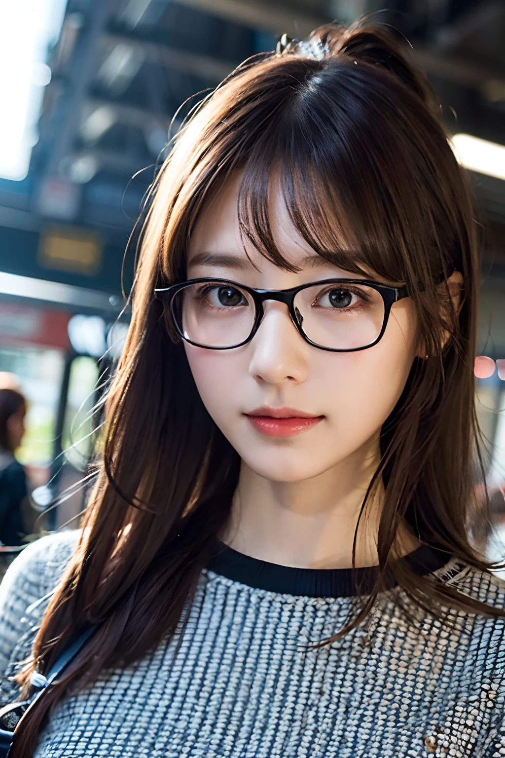 (8K、Raw photography、top-quality、masterpiece:1.2)、(realisitic、Photorealsitic:1.37)、ultra-detailliert、超A high resolution、女の子1人、see the beholder、beautifull detailed face、A smile、Constriction、(Slim waist) :1.3)、poneyTail、Beautiful detailed skin、Skin Texture、Floating hair、Professional Lighting、Waiting for the train、Black-rimmed square glasses、Whole human body、Brown hair