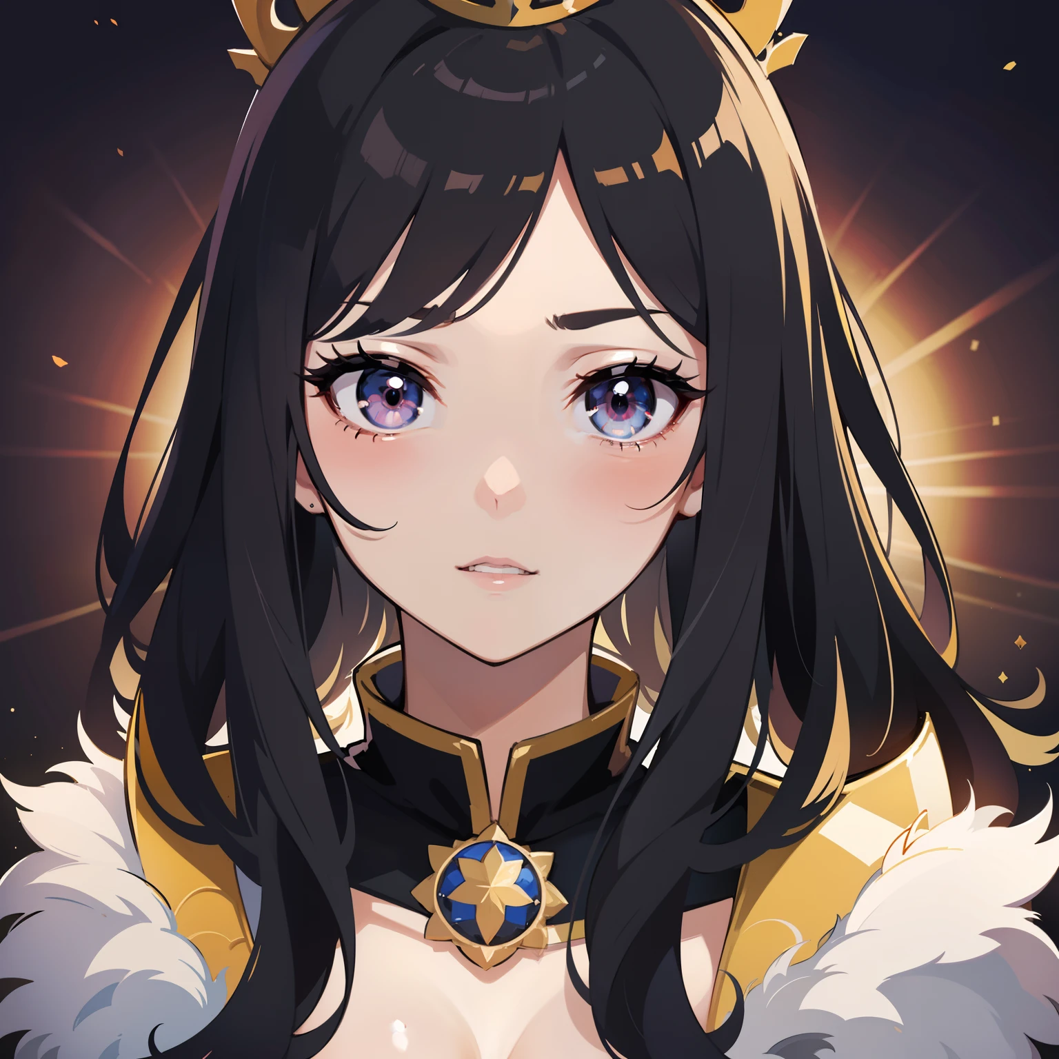 beautiful waifu queen, queen crown, queen robe, black eyes, black hair, character concept, portrait of [x], anime style