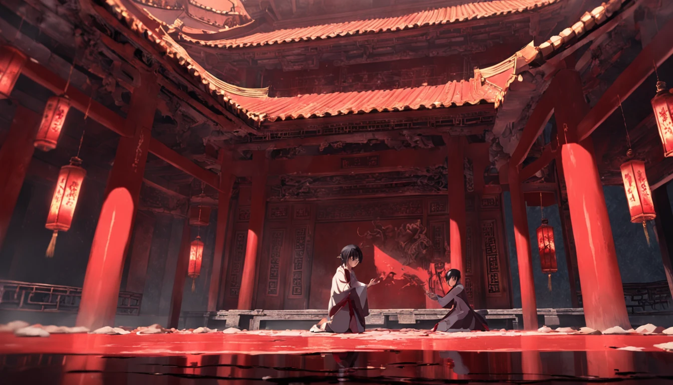 tmasterpiece，best qualtiy，cinematic Film still from，1 The boy knelt on the ground covered in blood，Ancient Chinese palaces，interior setting