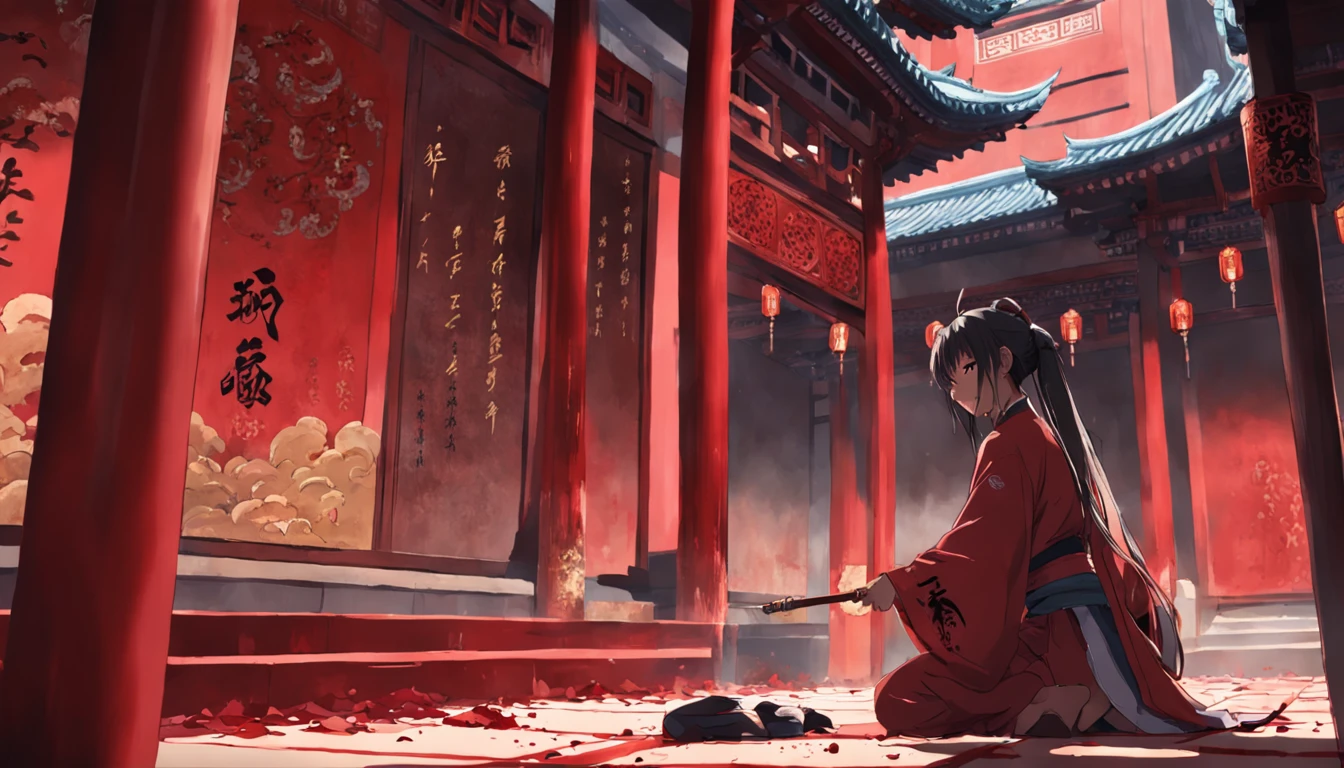 tmasterpiece,best qualtiy,cinematic Film still from,1 The boy knelt on the ground covered in blood,Ancient Chinese palaces,interior setting