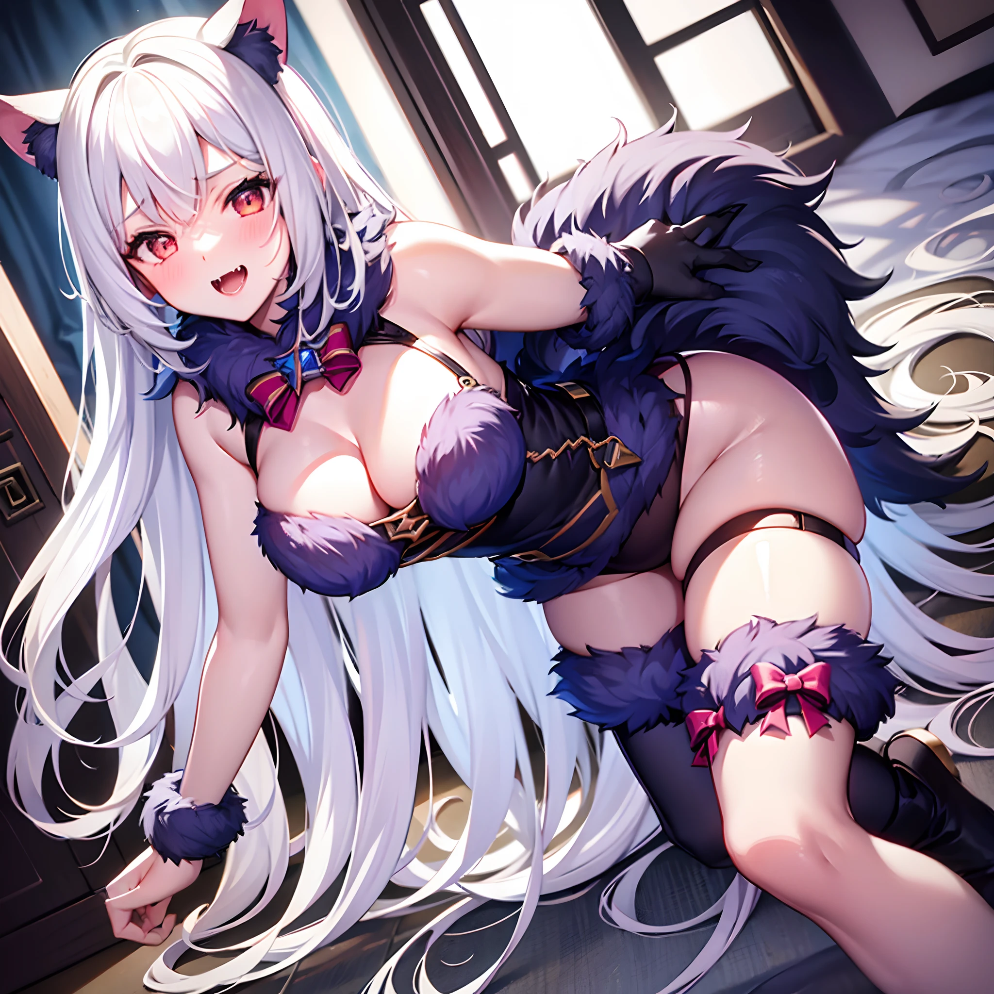 Best quality, highest resolution, 1 girl, solo, dangerous_beast costume, blush, white knee-high socks, on_all_fours, white hair, long hair, fangs, perfect anatomy