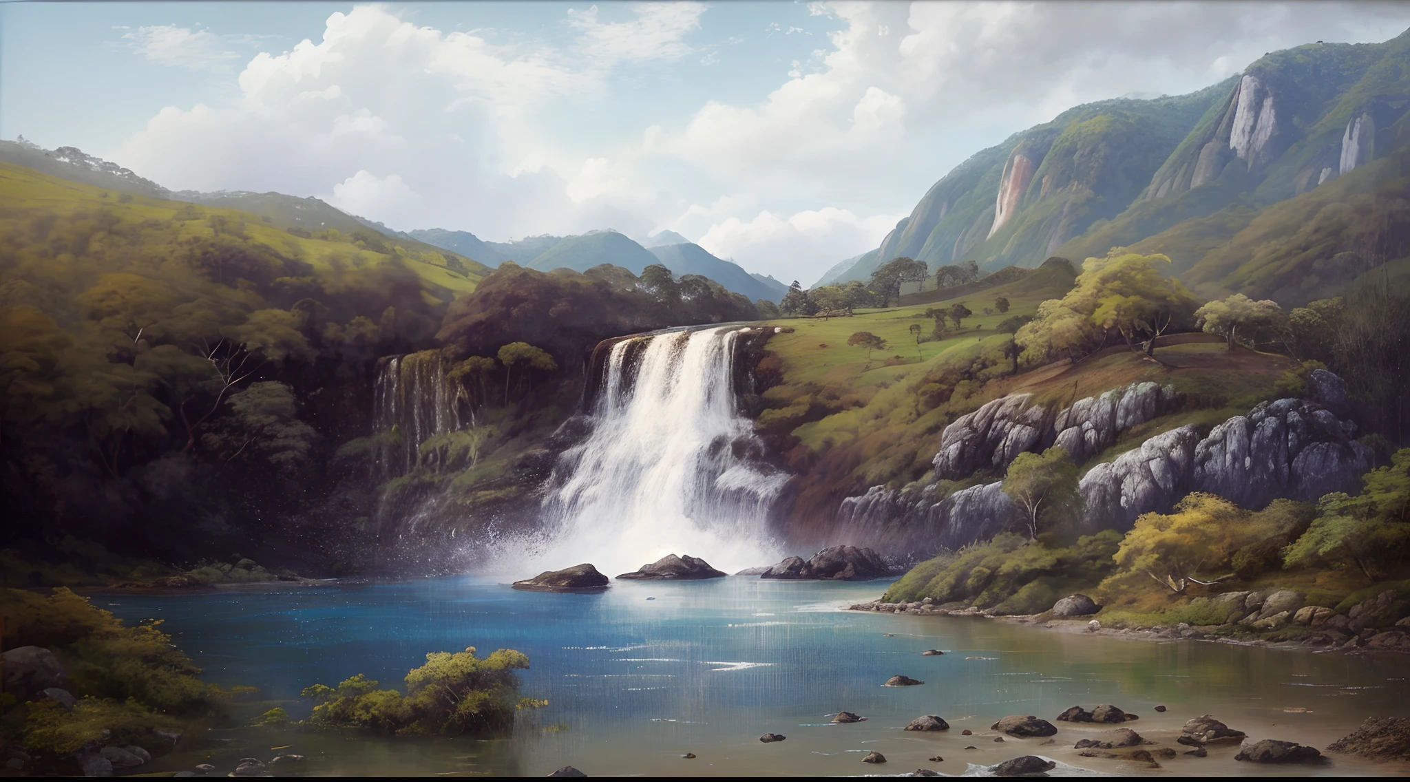 pintura de um rio que atravessa um vale verde exuberante com montanhas ao fundo, colinas fluidas, 8k resolution digital painting, 8k resolution digital painting, Pintura digital 4K, Pintura digital 4k, pintura digital detalhada, baixo detalhamento. pintura digital, Pintura Digital de Alto Detalhe, peaceful landscape, rio, trees and hills, pintura detalhada 4K, pintura digital 4k