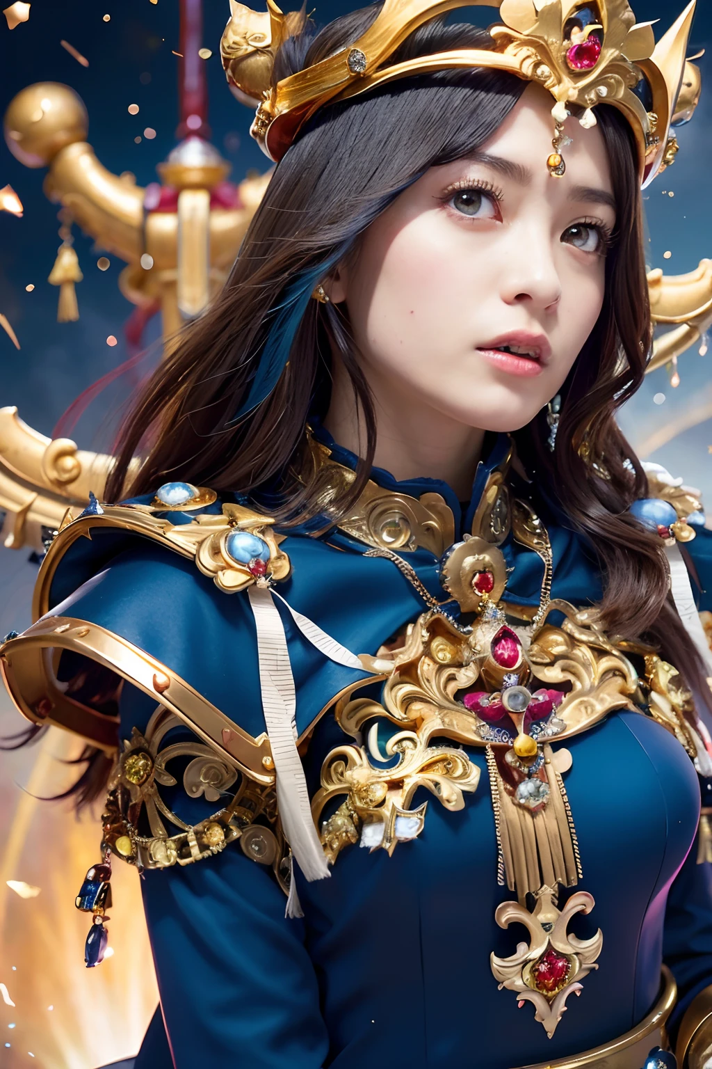 (masutepiece), Professional , masterpiece、top-quality、photos realistic , depth of fields ,(Wind element),close-up,dream magical,tornado,Lightning,(Gemstone Gold Jewel Body:1.6),(Matte Blue、Jewel Gold Weapon_、(Metal:1.4),Gorgeous Jewel Metal Weapons ,(( Detailed Sword of the Brave)) , Black castle background ,warhammer 40k , adepta sororitas,Detail and ornate jewel crown、Brown hair、((Gangle's forest background))、Beautiful Caucasian beauty、1a person、dynamic ungle,(((Detailed and ornate diamond crown)))、Particles of light、cleavage of the breast、Battle Pose、