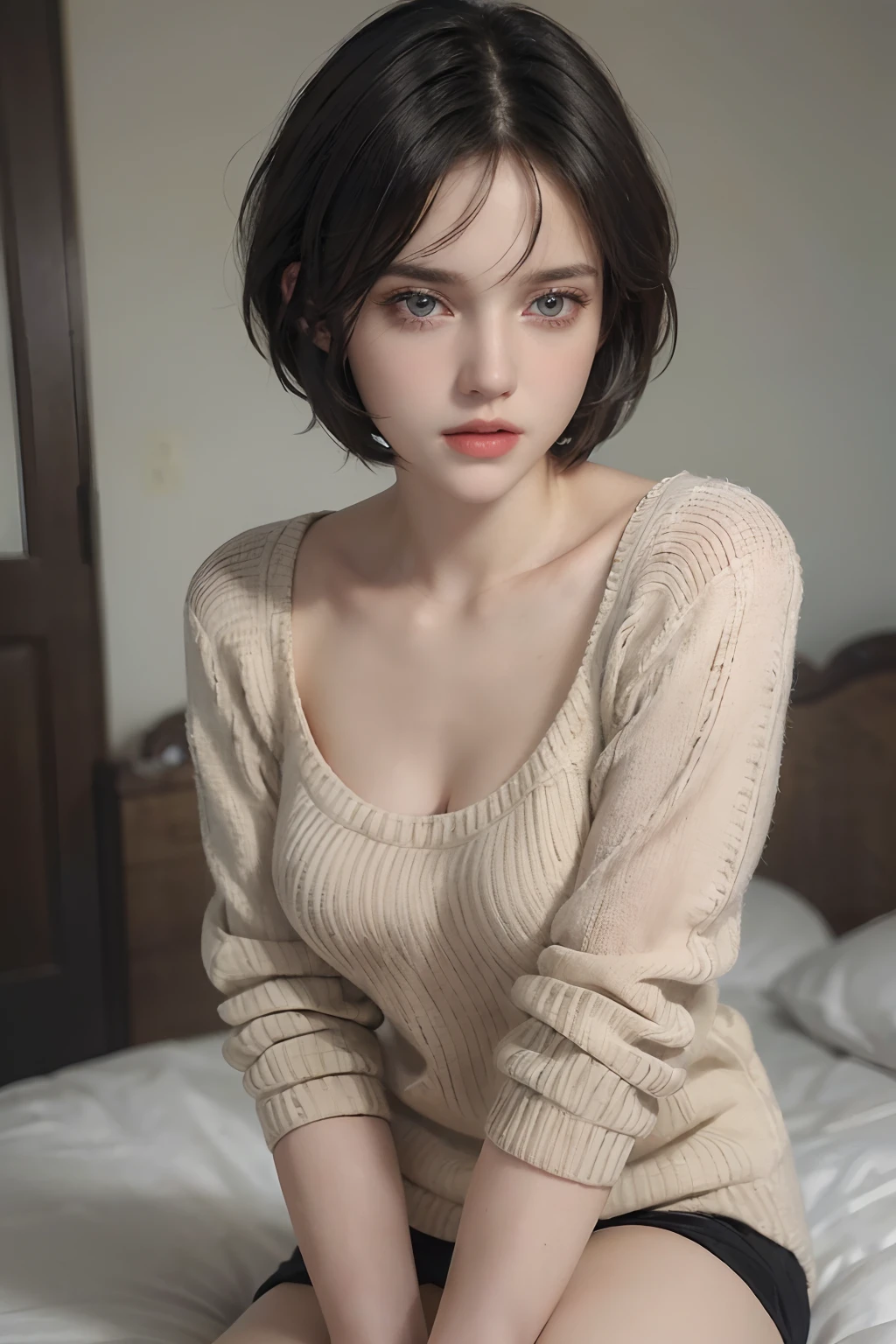 (masterpiece:1.3), (8k, photorealistic, RAW photo, best quality: 1.4), (1girl), beautiful face, (realistic face), (black hair, short hair:1.3), beautiful hairstyle, realistic eyes, beautiful detailed eyes, (realistic skin), beautiful skin, (sweater), absurdres, attractive, ultra high res, ultra realistic, highly detailed, golden ratio