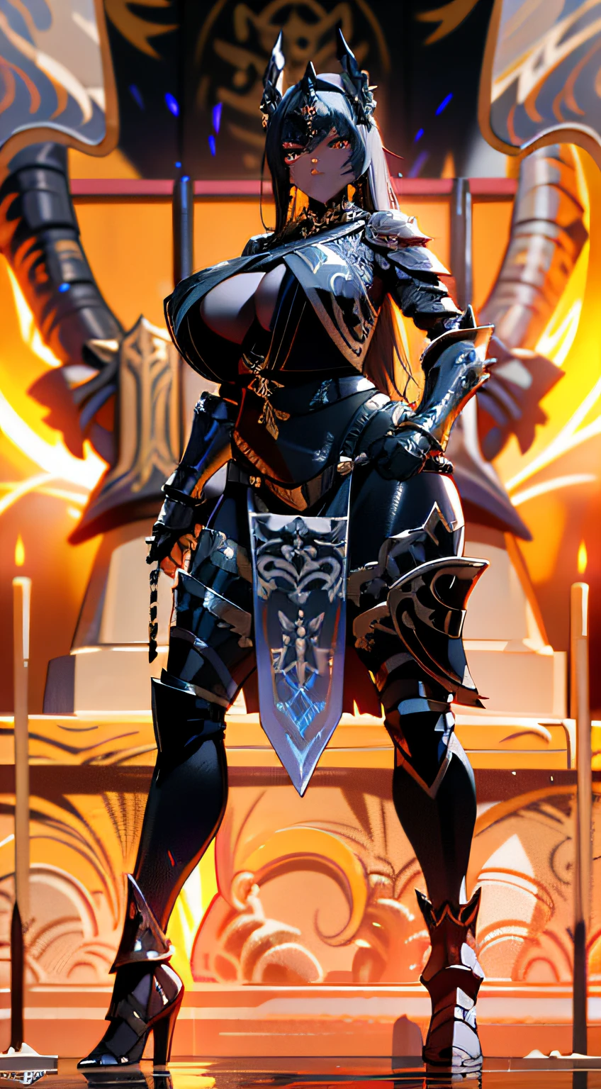 there is a woman in a black outfit holding a sword, cinematic goddess body shot, unreal engine rendered + A goddess, extremely detailed goddess shot, heavy black obsidian armor, ornate bikini armor, black fire color reflected armor, light coming off of the armor, Black shiny armor, thick armor, Heavy gold obsidian armor, bikini armor, thicc, in monster hunter armor