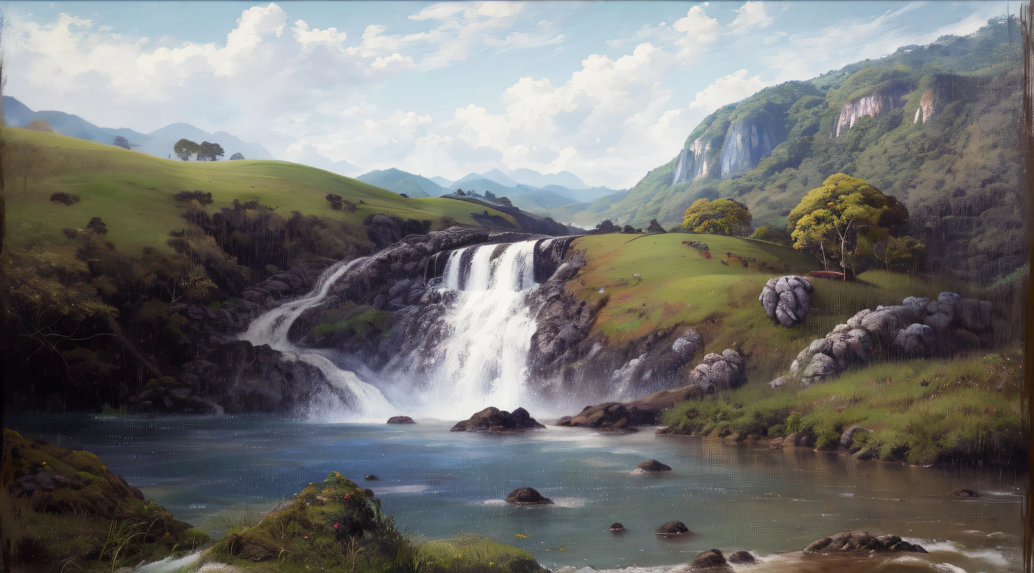 pintura de um rio que atravessa um vale verde exuberante com montanhas ao fundo, colinas fluidas, 8k resolution digital painting, 8k resolution digital painting, Pintura digital 4K, Pintura digital 4k, pintura digital detalhada, baixo detalhamento. pintura digital, Pintura Digital de Alto Detalhe, peaceful landscape, rio, trees and hills, pintura detalhada 4K, pintura digital 4k