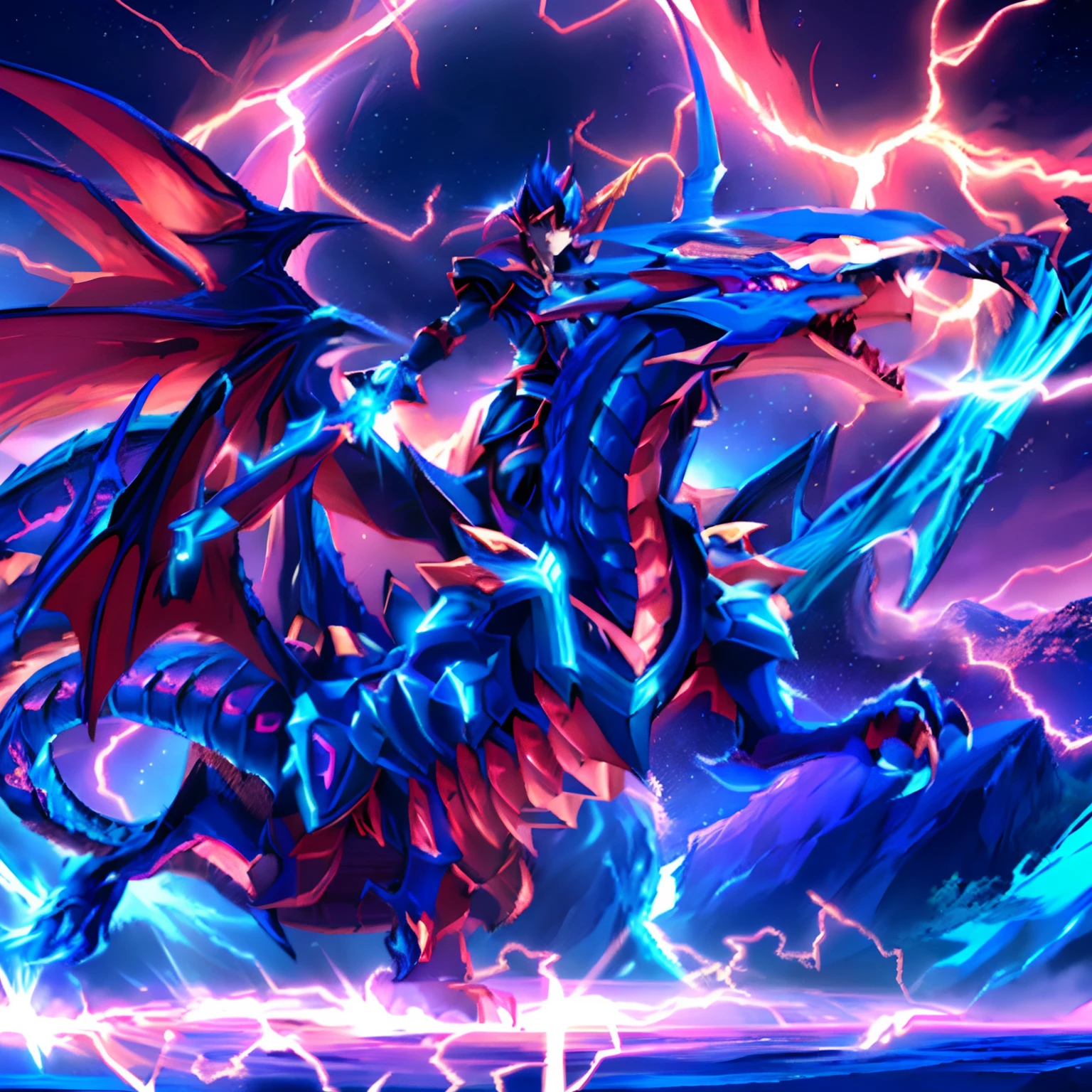 Max Quality, 4k, definition, A close-up of a blue dragon with lightning in the background, con un jinete sobre el lomo, Ilustraciones de Yugioh, blue eyes white dragon, Slifer the dragon of the sky, colossal dragon as background, Colossal dragon in the background, Estilo de arte Yugioh, Crystal Dragon, Estilo Yugioh, Charging through a dragon den, Lightning Dragon Attack, Dragon Storm, Yugioh, epic dragon, color azul