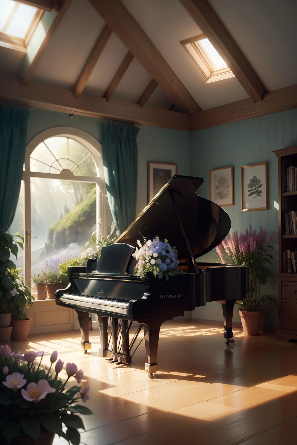 fickle Cartoon-like illustration of a fantastic world In the wilderness piano unmanned Covered with flowers natural soft light herhairisflower houseplant colourfull Flowers in the room Piece of art tender warm Modern Sophisticated In a dream