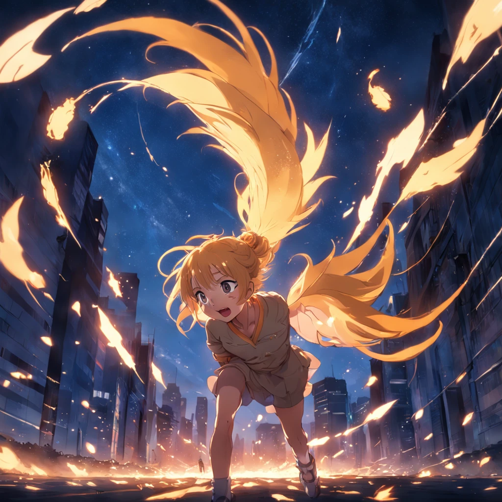 obra-prima, melhor qualidade, filme ainda, adolescente de cabelos azuis, poneytail, correndo em uma estrada de terra, nuvem, floating into the sky, close-up, brilhante, feliz, Soft lighting and Warm, sun sunset, (Sparks: 0,7)