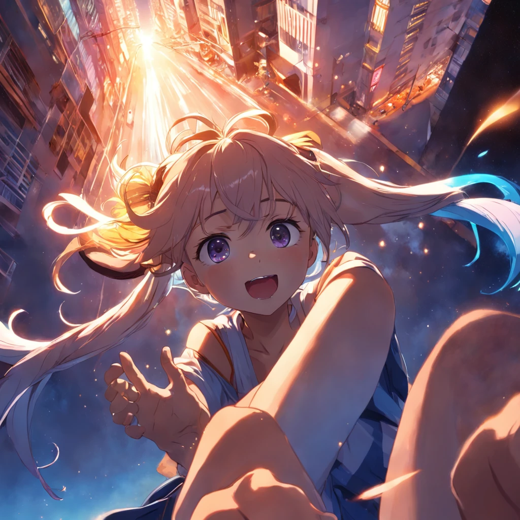 obra-prima, melhor qualidade, filme ainda, adolescente de cabelos azuis, poneytail, correndo em uma estrada de terra, nuvem, floating into the sky, close-up, brilhante, feliz, Soft lighting and Warm, sun sunset, (Sparks: 0,7)