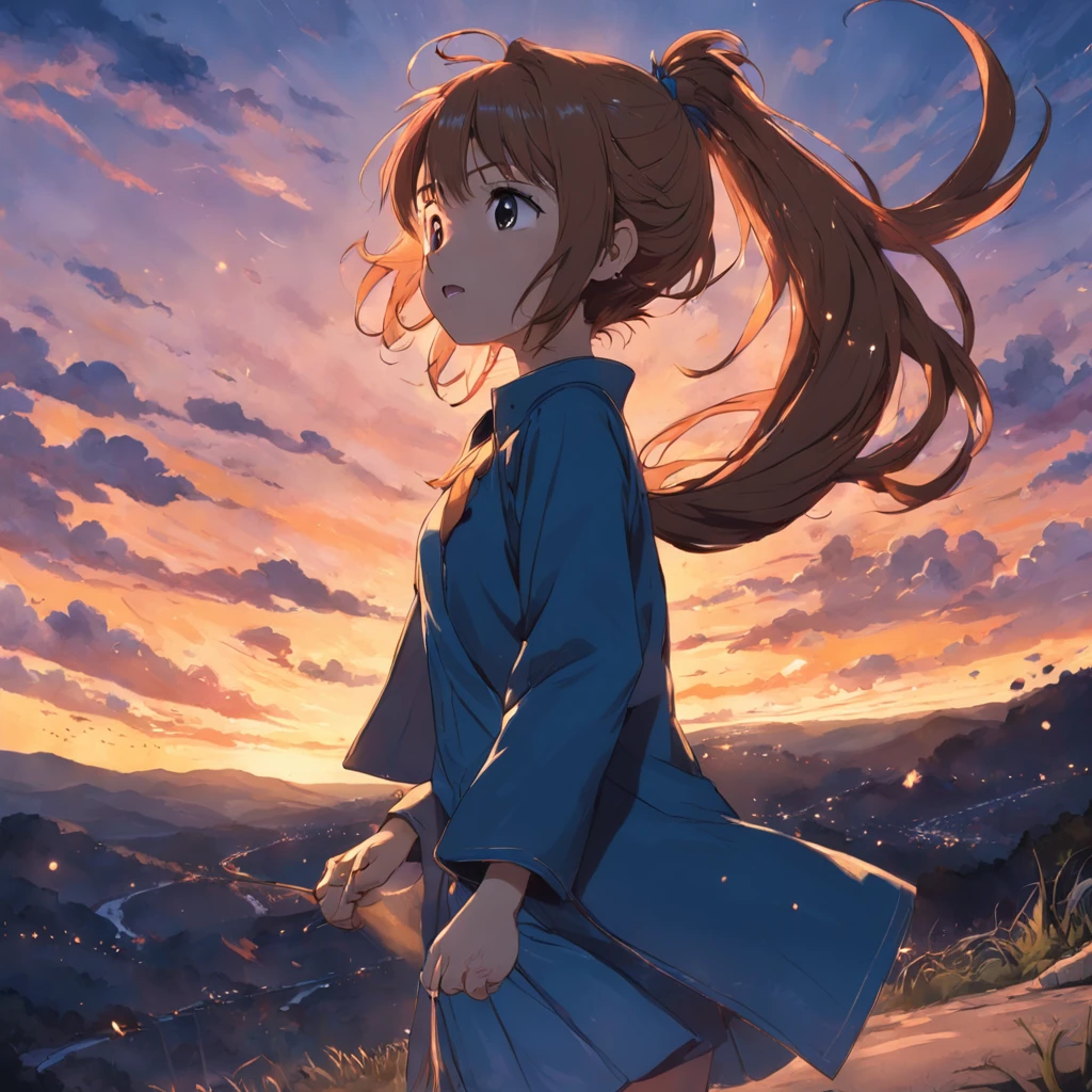 obra-prima, melhor qualidade, filme ainda, adolescente de cabelos azuis, poneytail, correndo em uma estrada de terra, nuvem, floating into the sky, close-up, brilhante, feliz, Soft lighting and Warm, sun sunset, (Sparks: 0,7)