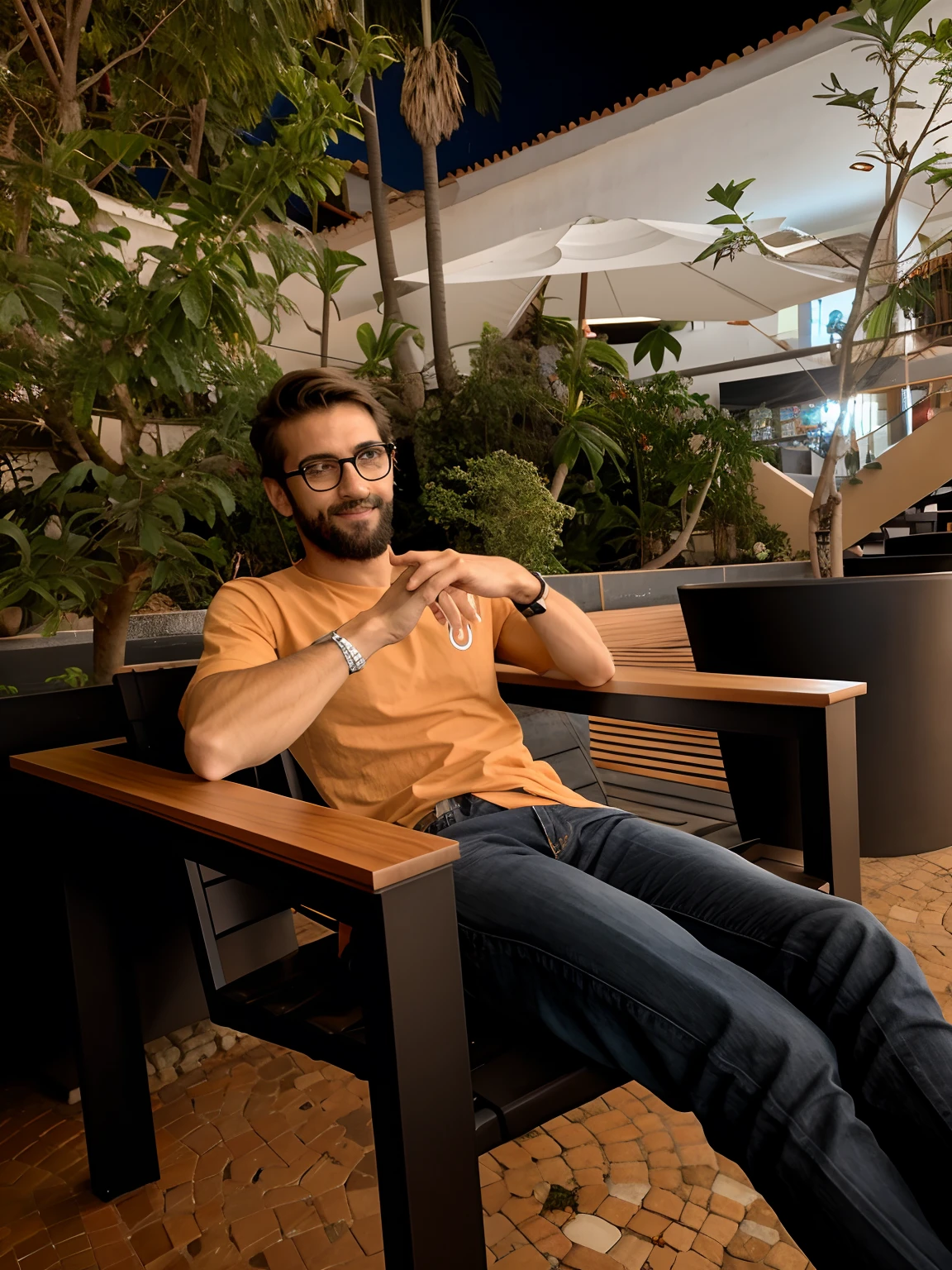 there is a man sitting on a chair with his legs crossed, sentado em um lounge, Sentado na cadeira, sentado em uma cadeira, sentar-se casualmente, sentado em cadeira extravagante, sentado em uma cadeira, sentado na cadeira, sentado em uma poltrona, sentado em uma poltrona, sentado em cadeira de madeira, sentado em uma mesa, Assento em uma cadeira, sitting at a café