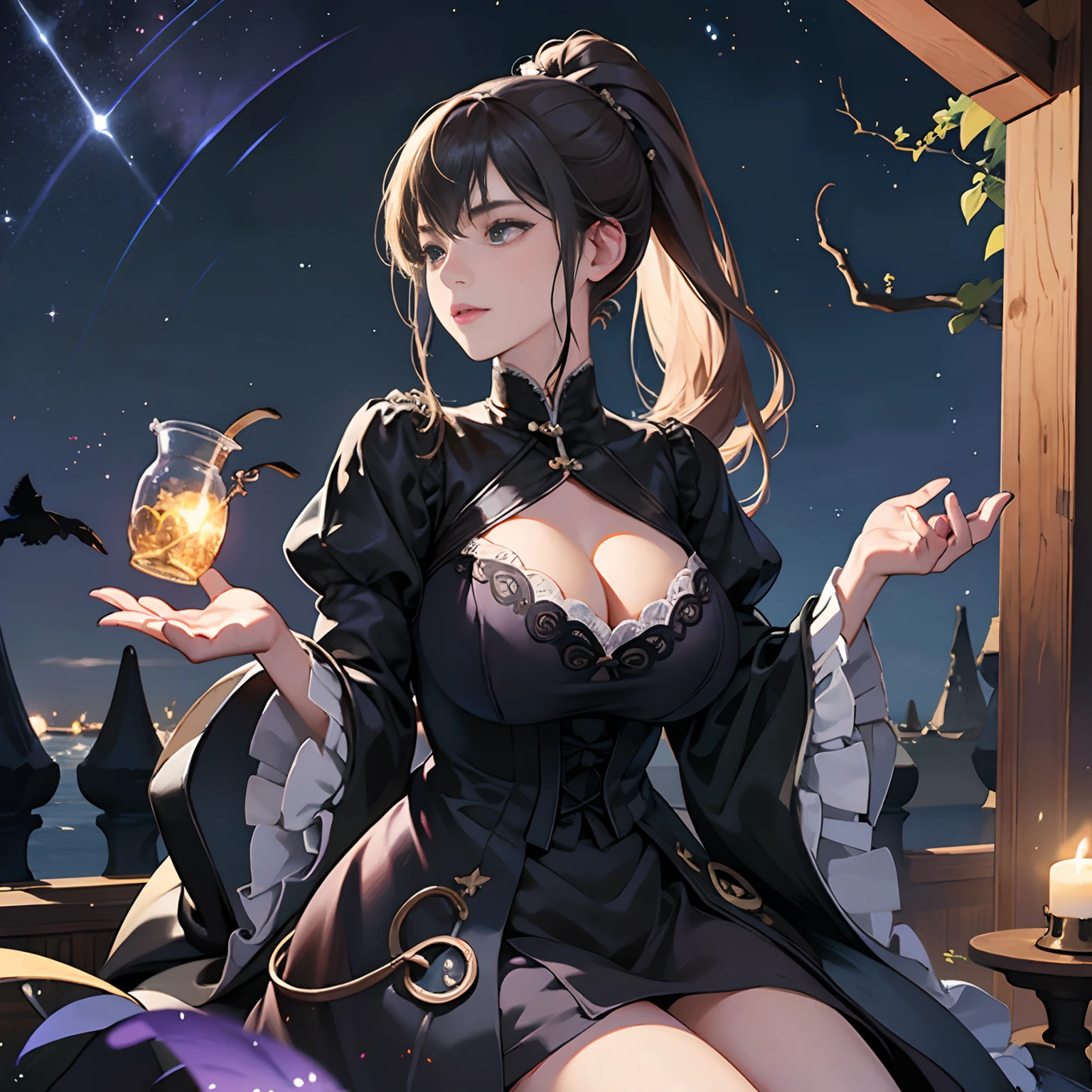 Women in Their 20s, Fantasia、offcial art, unity 8k wall paper, ultra-detailliert, beautifly、Aesthetic, masterpiece, top-quality, Photorealsitic、Sorcerer、the witch、Black clothes with a skull design、Black underwear、Short ponytail、Staring at this、Curse ritual、Have a jar of poison、crows、magic circles、backyard、nigh sky、starrysky、crescent、abajour、depth of fields, Fantastic atmosphere, Calm palette, tranquil mood, Soft shading、bbw、very large breast、plump figure、