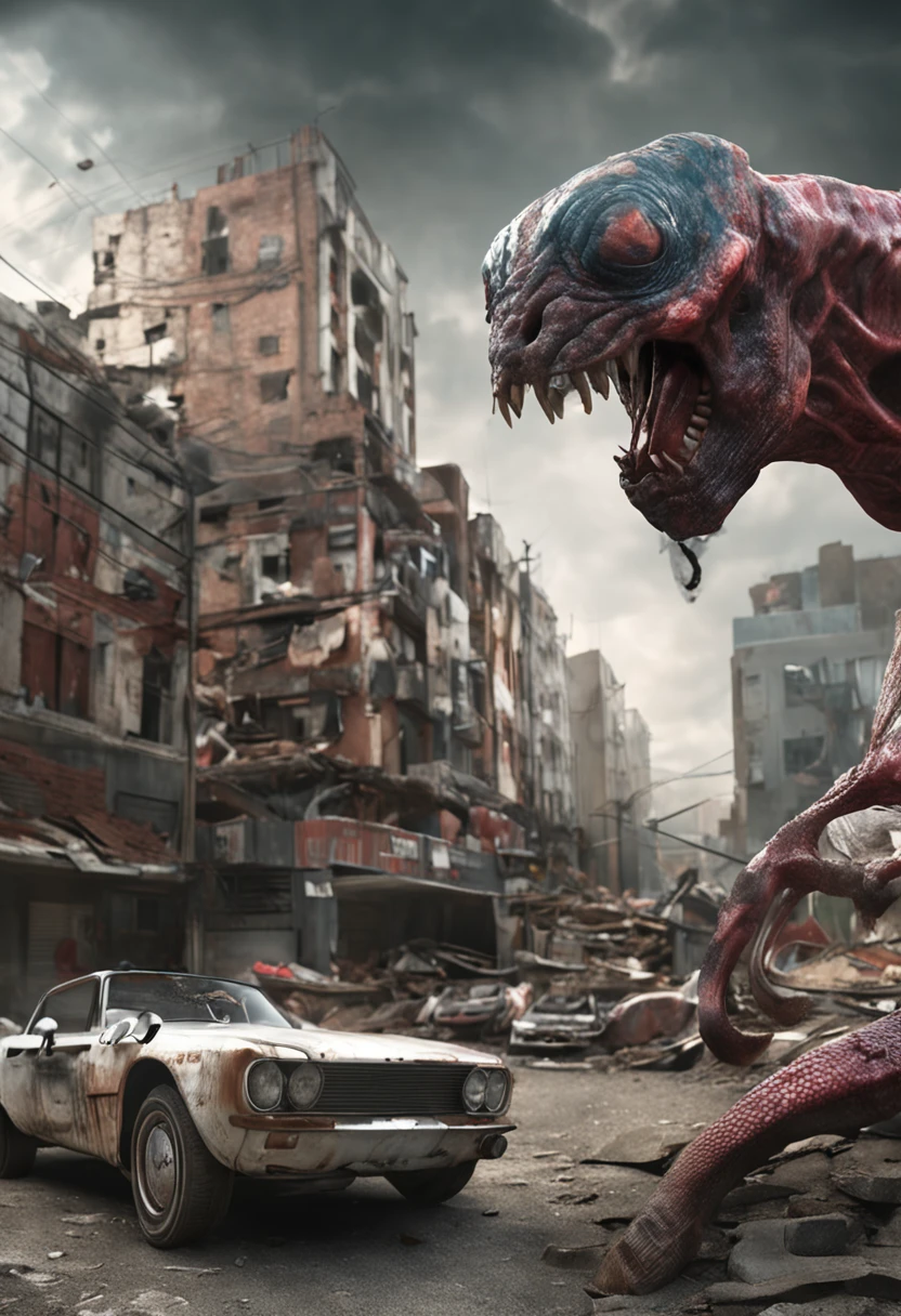 Cinematic texture，Invading aliens，cow head，uncanny， tentaculata，Blood，Full body like，combats，The city was destroyed，of a real，Facial features are carefully depicted，Realistic skin texture，Dark style，depth of fields，high light，Real light，Ray traching，oc rendered，Hyper-realistic，best qualtiy，8K，Works of masters，super-fine，Detailed pubic hair，Correct anatomy，sharp focus on eyes，Bokeh，Facial features are carefully depicted