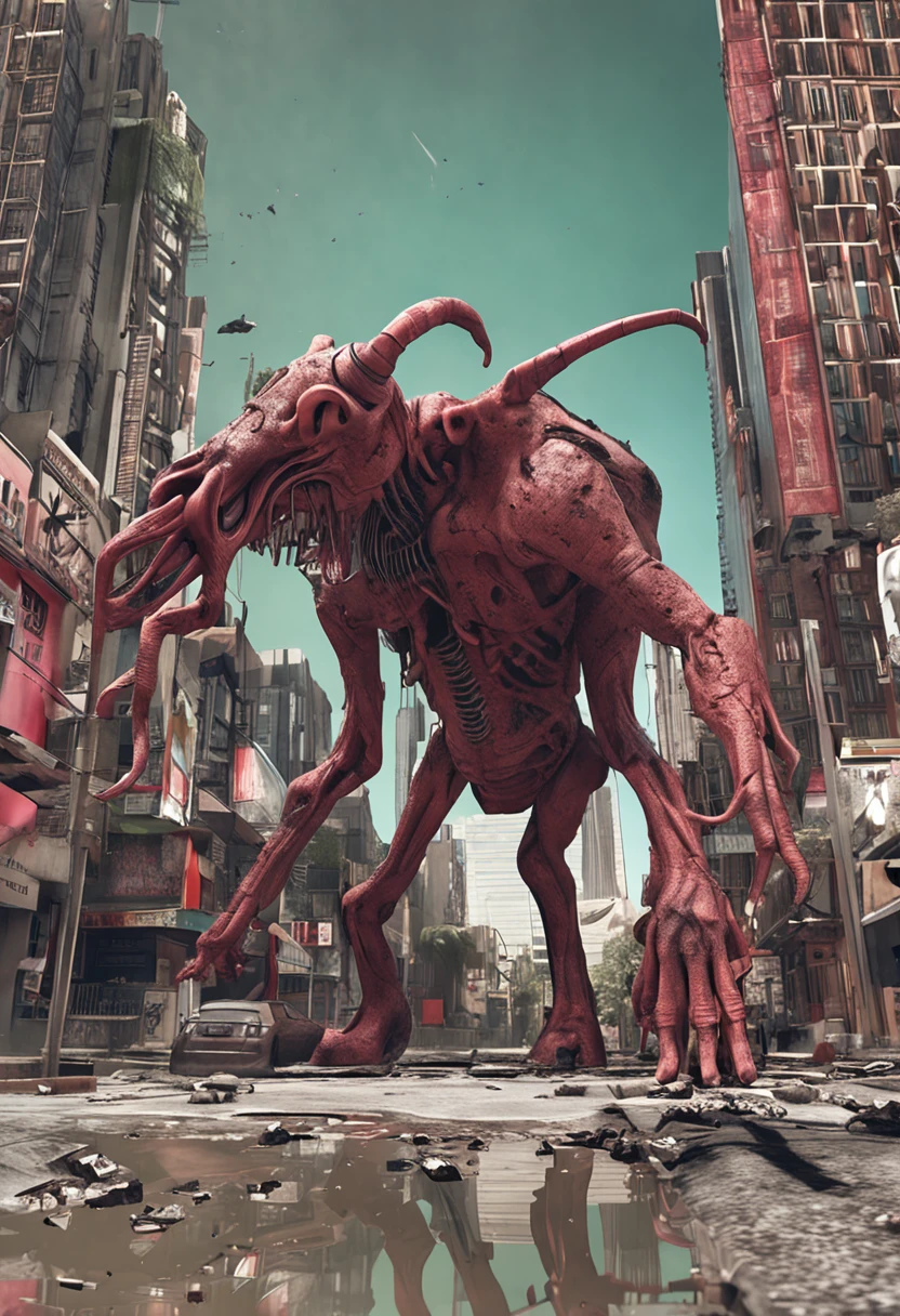 Cinematic texture，Invading aliens，cow head，uncanny， tentaculata，Blood，Full body like，combats，The city was destroyed，of a real，Facial features are carefully depicted，Realistic skin texture，Dark style，depth of fields，high light，Real light，Ray traching，oc rendered，Hyper-realistic，best qualtiy，8K，Works of masters，super-fine，Detailed pubic hair，Correct anatomy，sharp focus on eyes，Bokeh，Facial features are carefully depicted