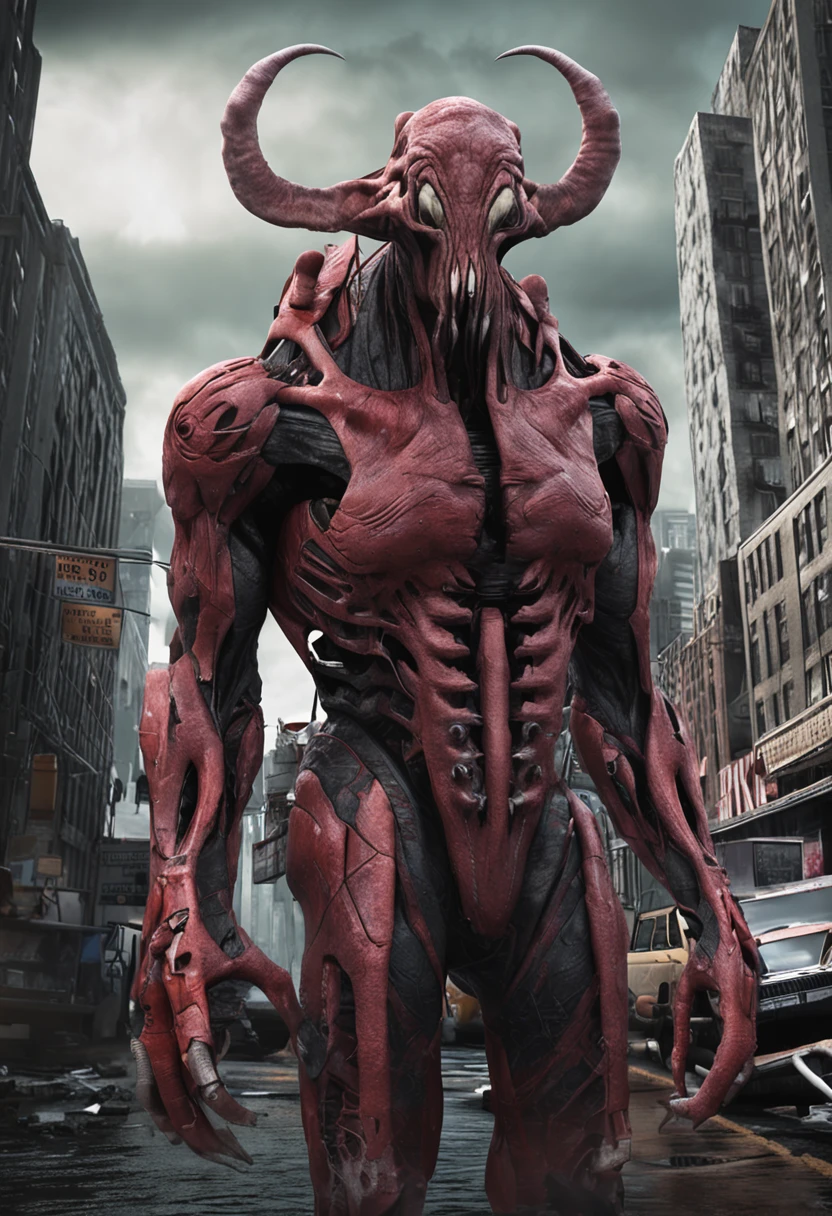 Cinematic texture，Invading aliens，cow head，uncanny， tentaculata，Blood，Full body like，combats，The city was destroyed，of a real，Facial features are carefully depicted，Realistic skin texture，Dark style，depth of fields，high light，Real light，Ray traching，oc rendered，Hyper-realistic，best qualtiy，8K，Works of masters，super-fine，Detailed pubic hair，Correct anatomy，sharp focus on eyes，Bokeh，Facial features are carefully depicted