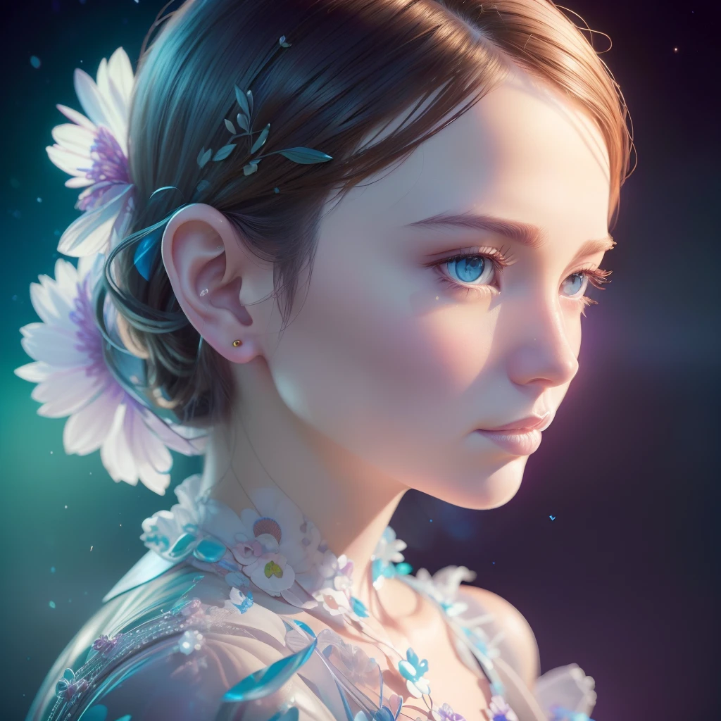 Very realistic photorealistic cute girl with flowers, James Jean and Android Jones: Jeff Koons: Erin Hanson: joe fenton: by Dan Mumford: Professional Photography, Natural lighting, volumetric lighting largest photo illustration 8K resolution concept art intricate details, with an intricate, Elegant, expansive, Fantastical