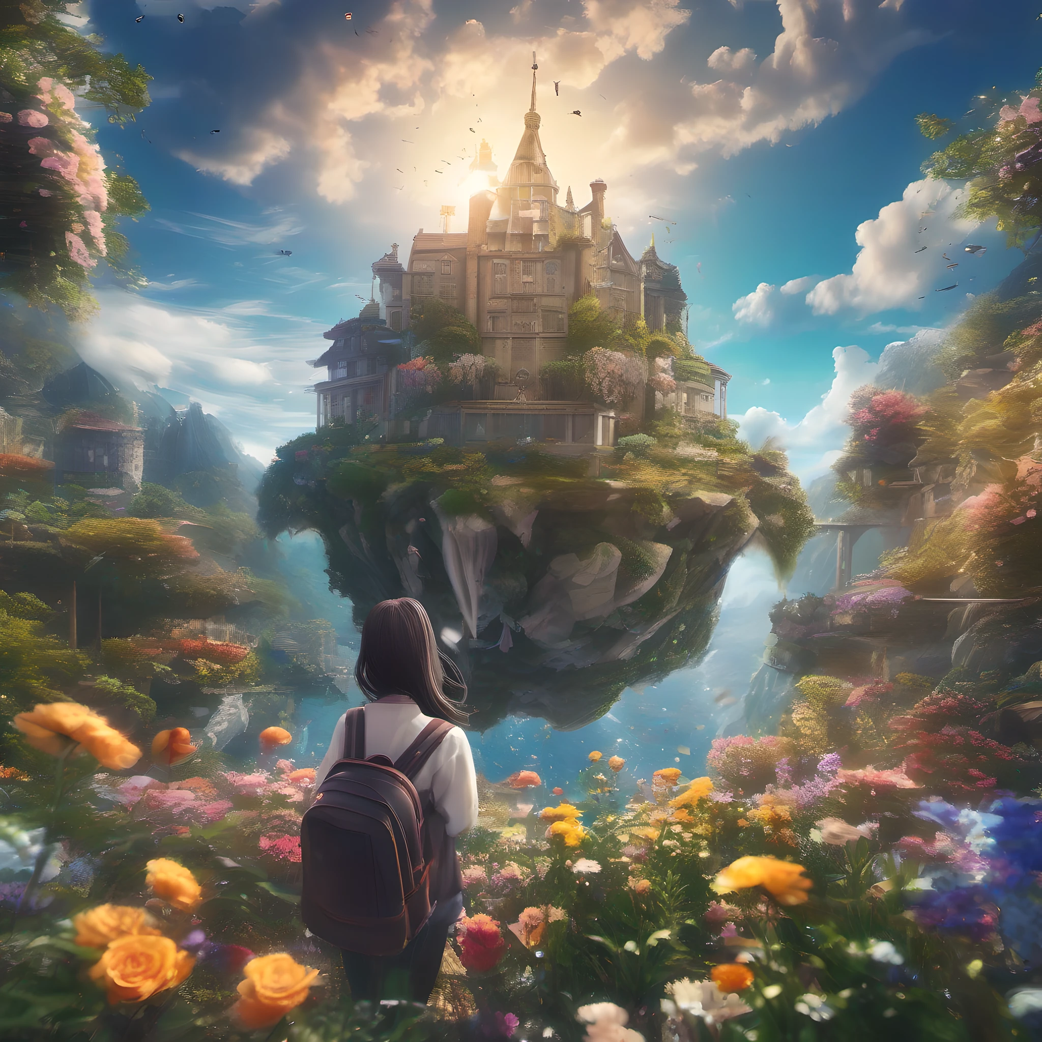 ccurate, best quality, masterpiece, UHD, high details, award winning, (Amazing:2.0), (Surrealism), Conceptual art, Verism, cinematic lighting, floating island in the sky, (((beautiful flower garden))), Horizon, blue sky, paradise scenery, flowers, wind flow, (((fantasy))), frontier, (magnificent space), blurry foreground, bokeh, Hasselblad, lens flare, beautiful school girl, (r old)(((full body)))), from behind, she moving, without looking at me, (((wearing school uniform))), black eyes, black hair, (floating hair), ((8 life size)), detailed hairstyles, detailed bodyline, anatomically correct, cute face, ((accurately portray her)),