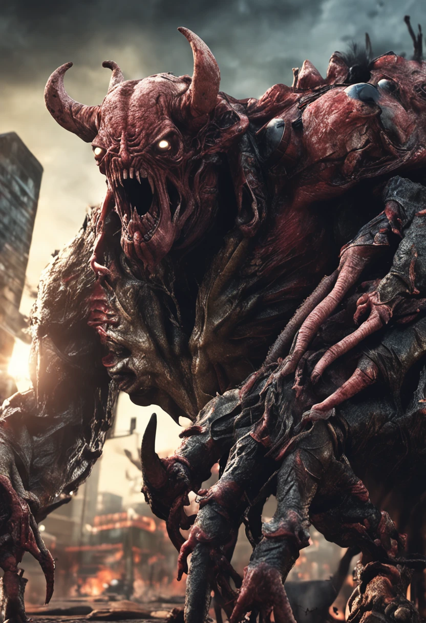 Cinematic texture，Invading aliens，cow head，uncanny， tentaculata，Blood，Full body like，combats，The city was destroyed，of a real，Facial features are carefully depicted，Realistic skin texture，Dark style，depth of fields，high light，Real light，Ray traching，oc rendered，Hyper-realistic，best qualtiy，8K，Works of masters，super-fine，Detailed pubic hair，Correct anatomy，sharp focus on eyes，Bokeh，Facial features are carefully depicted