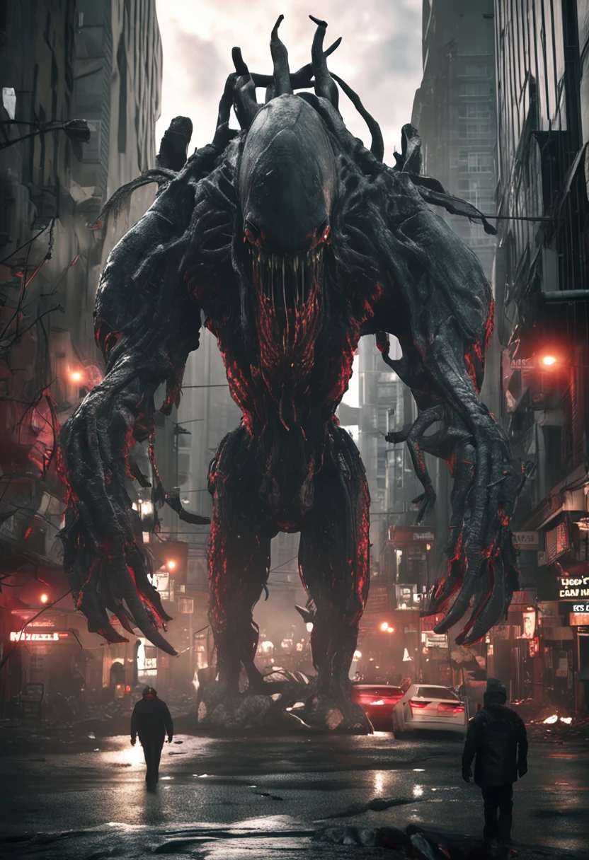 Cinematic texture，Invading aliens，cow head，uncanny， tentaculata，Blood，Full body like，combats，The city was destroyed，of a real，Facial features are carefully depicted，Realistic skin texture，Dark style，depth of fields，high light，Real light，Ray traching，oc rendered，Hyper-realistic，best qualtiy，8K，Works of masters，super-fine，Detailed pubic hair，Correct anatomy，sharp focus on eyes，Bokeh，Facial features are carefully depicted