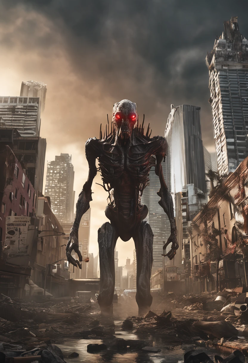 Cinematic texture，Invading aliens，cow head，uncanny， tentaculata，Blood，Full body like，combats，The city was destroyed，of a real，Facial features are carefully depicted，Realistic skin texture，Dark style，depth of fields，high light，Real light，Ray traching，oc rendered，Hyper-realistic，best qualtiy，8K，Works of masters，super-fine，Detailed pubic hair，Correct anatomy，sharp focus on eyes，Bokeh，Facial features are carefully depicted