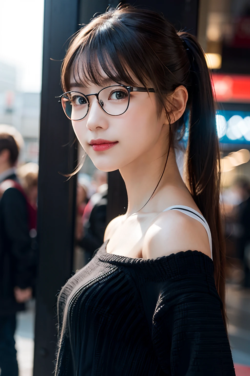 (8K、Raw photography、top-quality、masterpiece:1.2)、(realisitic、Photorealsitic:1.37)、ultra-detailliert、超A high resolution、1人、see the beholder、beautifull detailed face、A smile、Constriction、(Slim waist) :1.3)、poneyTail、Beautiful detailed skin、Skin Texture、Floating hair、Professional Lighting、Waiting for the train、Black-rimmed square glasses、Whole human body、Brown hair