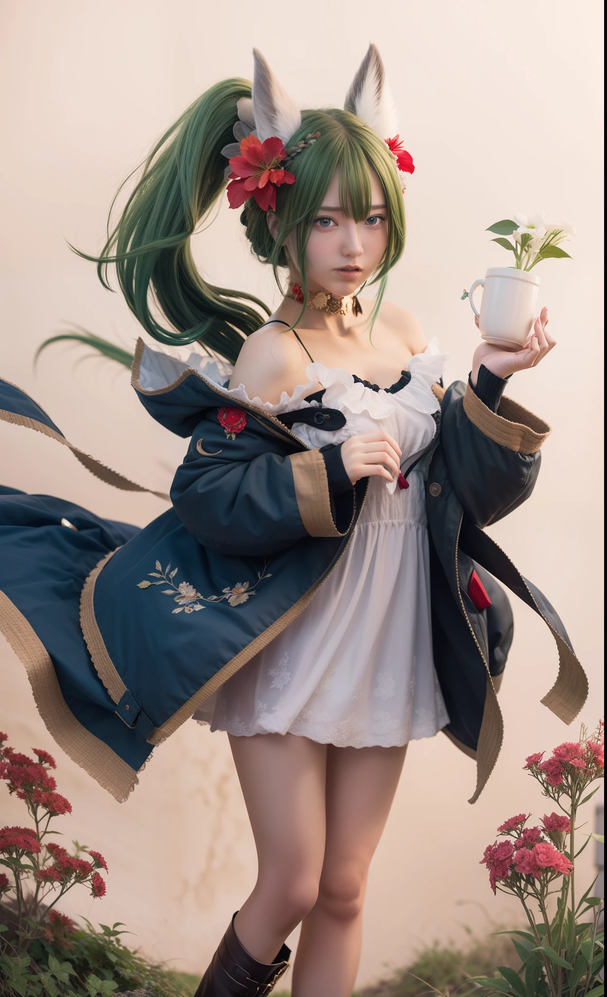 1 girl,red eyes,green hair,mayrell,realistic,white skin.