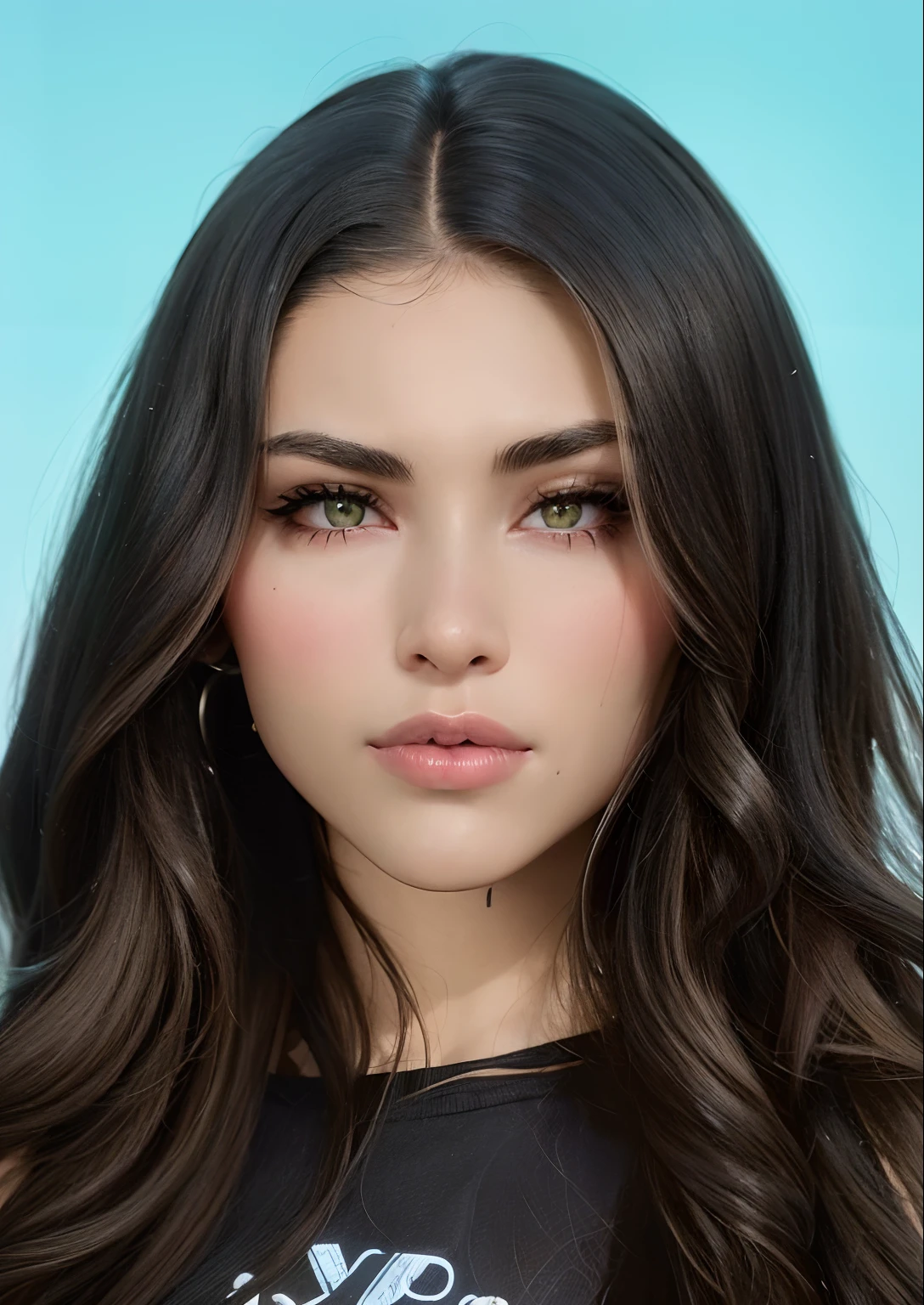 a close up of a woman with long hair and a black shirt, madison beer, madison beer girl portrait, soft devil queen madison beer, :: madison beer, flawless olive skin, charli bowater, gorgeous latina face, portrait sophie mudd, violet myers, olivia culpo, olive skin color, hailee steinfeld, olive skinned, olive skin, charli xcx