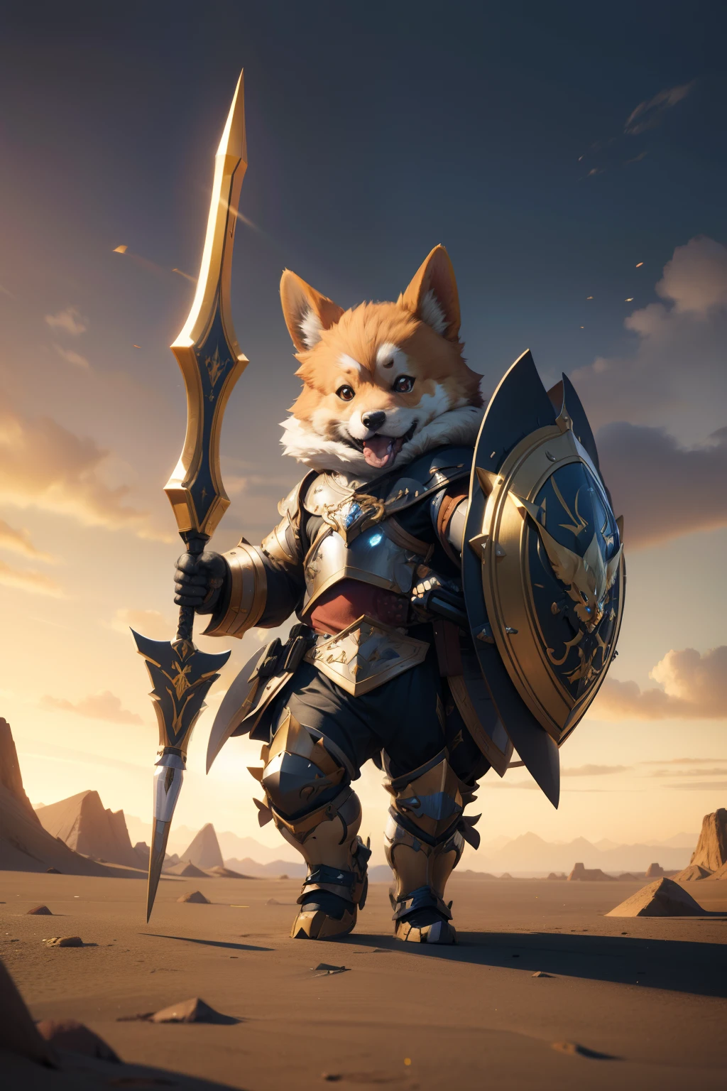 Super cute furry corgi warrior in armor、realisitic、4K、ultra-detailliert、 vray rendered、unrealengine、Mid-Journey Art Style