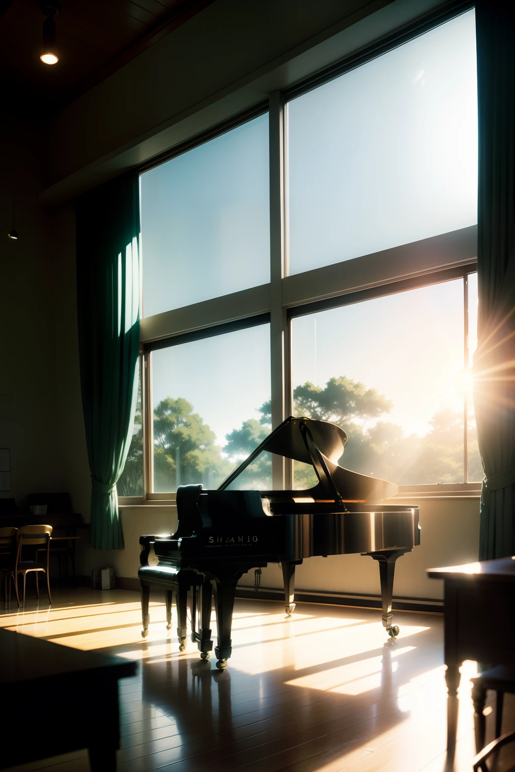 Estilo de Makoto Shinkai,in style of hayao miyazaki,interior scenes,cold shades,Sunlight shines through,Two-dimensional scene,Classroom,grand piano,Student Choir,low-saturation,low-contrast