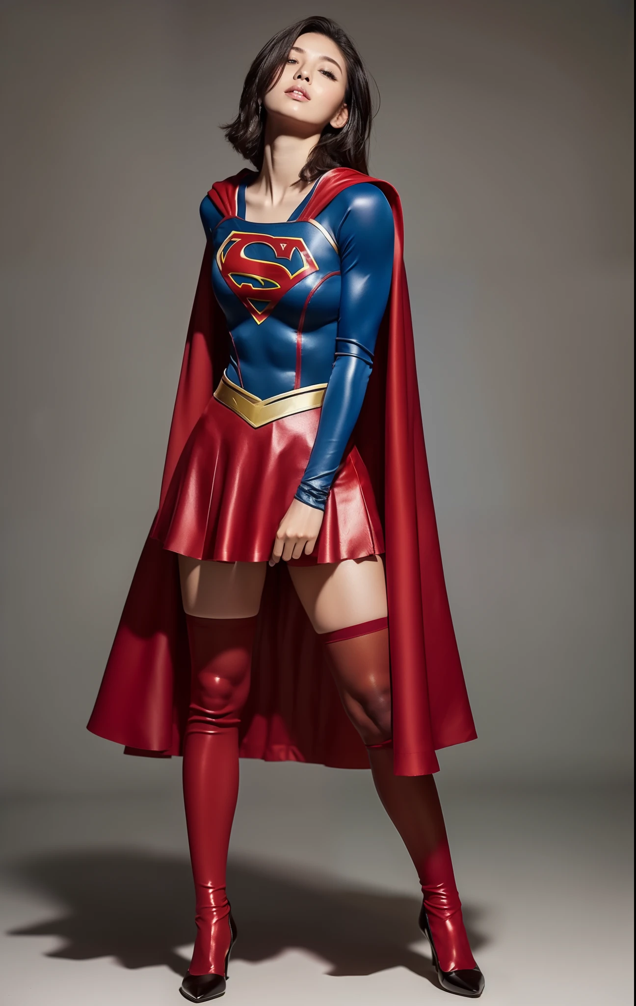 (((Make the most of the original image)))、(((Supergirl Costume)))、(((Hung)))、(((and draw the full body)))、(((Stick to weakness)))、(((Eyes closed)))、(((a short bob、lustrous dark hair)))、(((Suffering)))、(((The cloak is red)))、(((Wearing stockings)))、(((Costumes are torn to shreds)))、((Top image quality、8K))、((top-quality、8K、masterpiece:1.3))、Crisp focus:1.2、Beautiful woman with perfect body shape:1.4、Slender Abs:1.2、((layers-Cut))、a wet body:1.5、Highly detailed facial and skin texture、