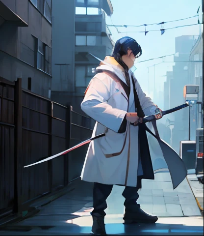 a guy in a white coat, holding two katanas, standing on the roof