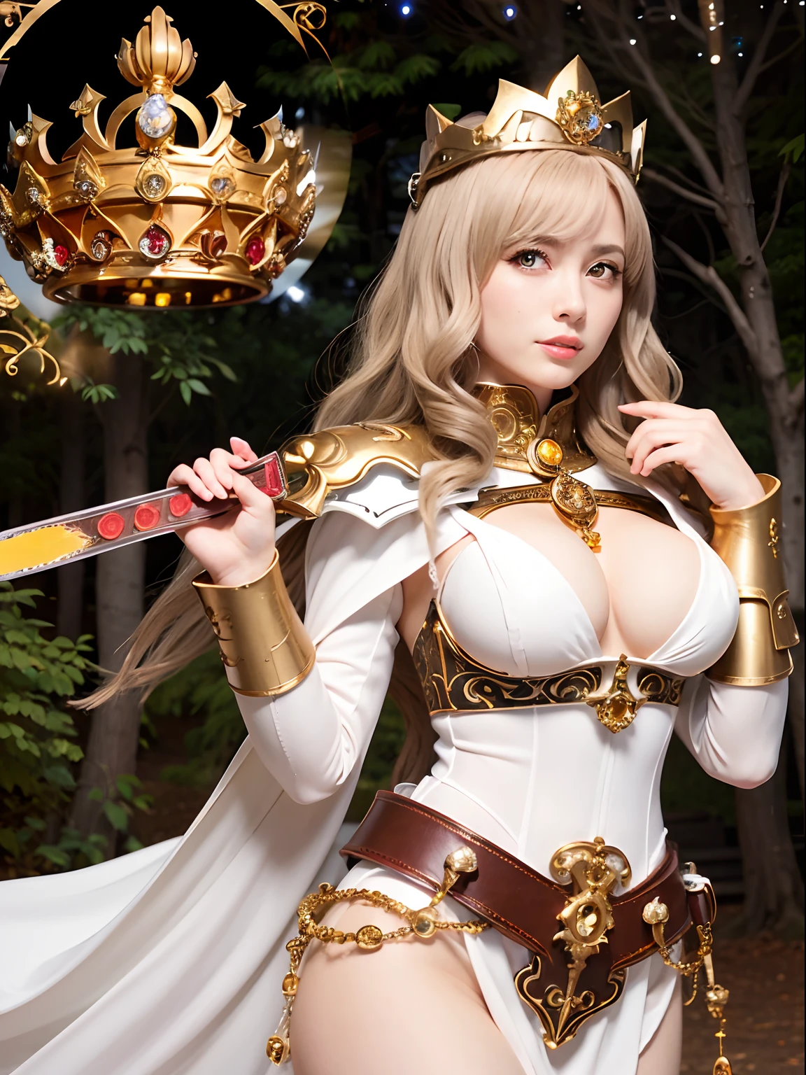 (masutepiece), Professional , ​masterpiece、top-quality、photos realistic , depth of fields 、（Wind element），tornado，Lightning，（Gemstone Silver Metal Body:1.９),(Matte White、(Gangle's forest background),（Brown hair long straight）、Jewel Gold Weapon、（Castle background),Gorgeous metal weapons,(Detailed and realistic angel white wings) , Detailed Sword of the Brave , Beautiful knife 、delicated face、20 years girl  ,warhammer 40k , adepta sororitas,Detail and ornate jewel crown、a blond、(Gangle's forest background)、Beautiful Caucasian beauty、１a person、dynamic ungle,(((Detailed and ornate diamond crown)))、Smaller head、A smile、Pose Seductive、Beautiful thin fingers of a woman、cleavage of the breast、Beautiful ass、Toostock、an legs、Armpit、