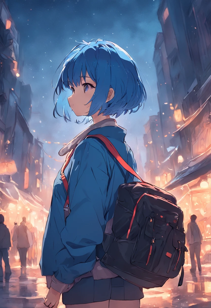 Draw blue short hair girl with bagpack walking in the town at night time,Convey order and respect(Don't be beautiful)